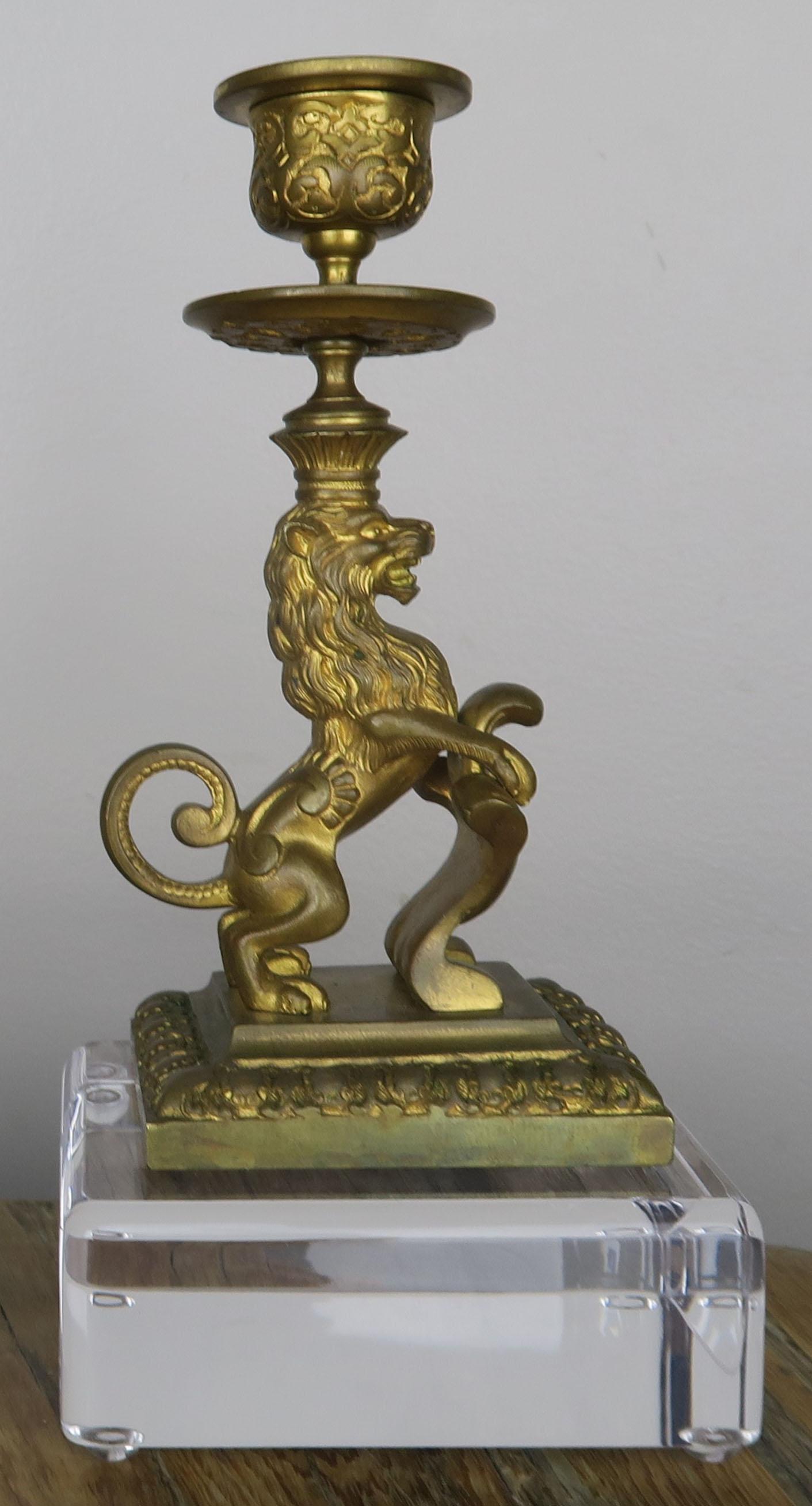 19th Century Bronze Lion Candleholders on Lucite Bases, Pair