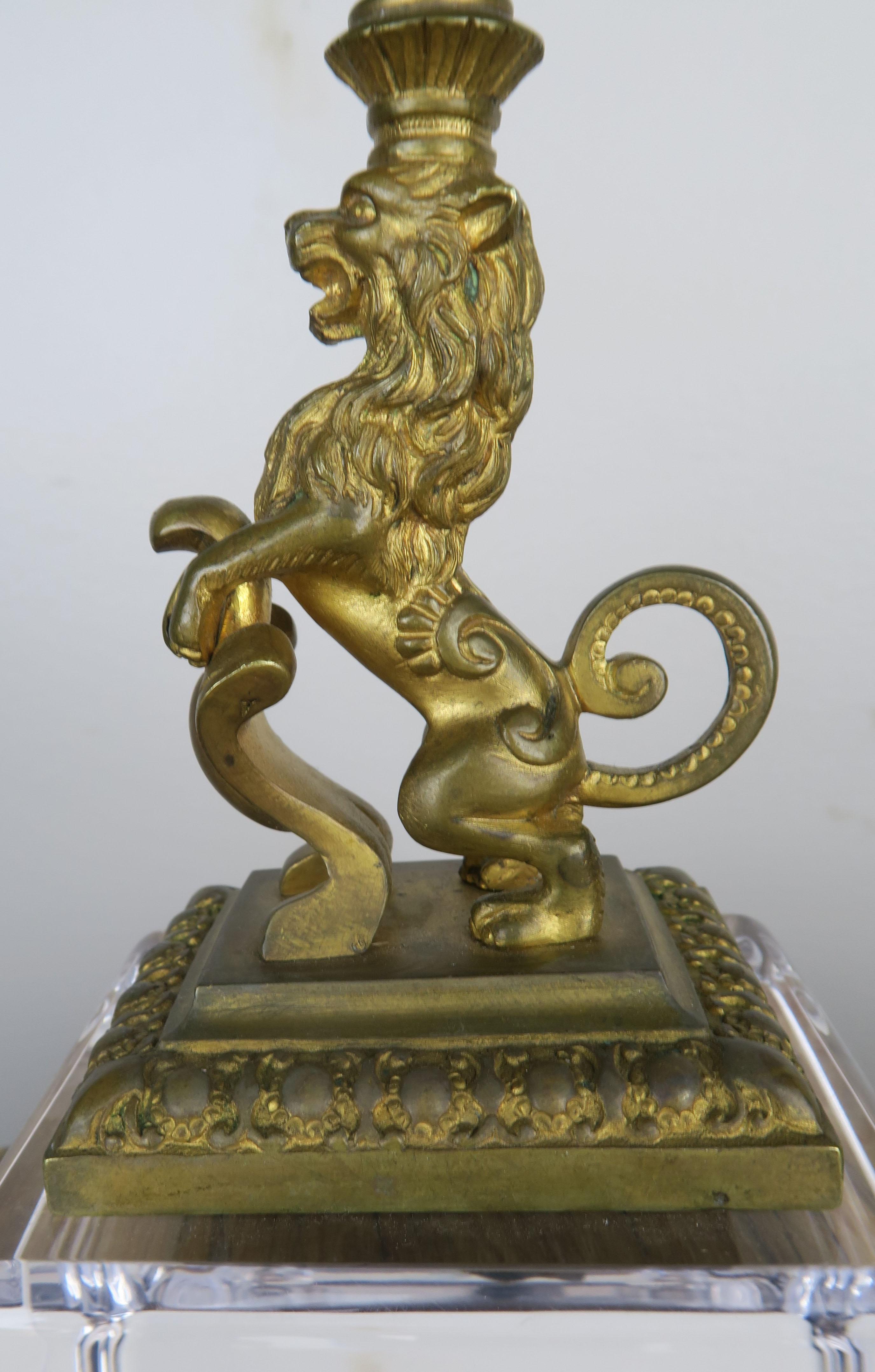 Bronze Lion Candleholders on Lucite Bases, Pair 1