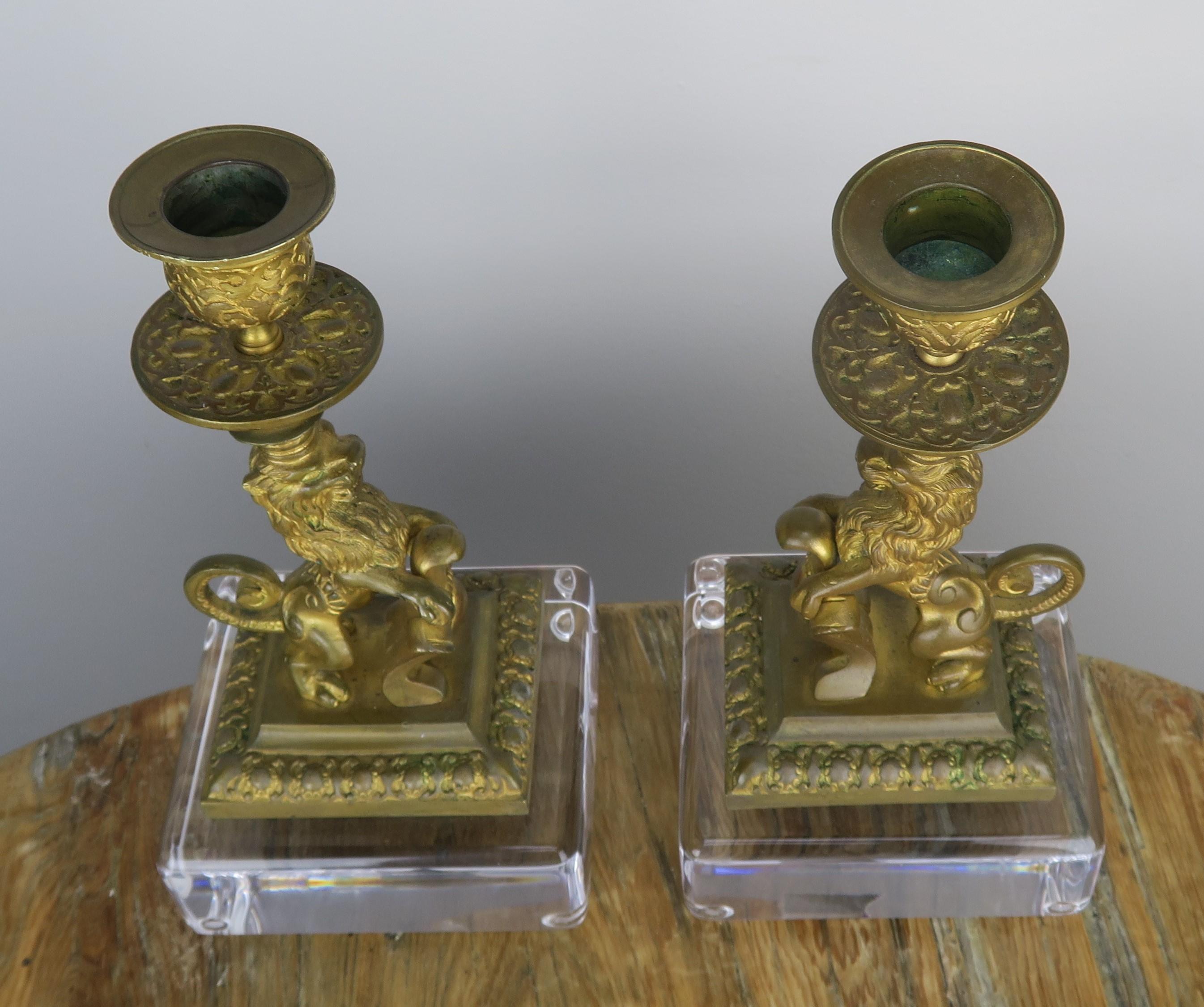 Bronze Lion Candleholders on Lucite Bases, Pair 2