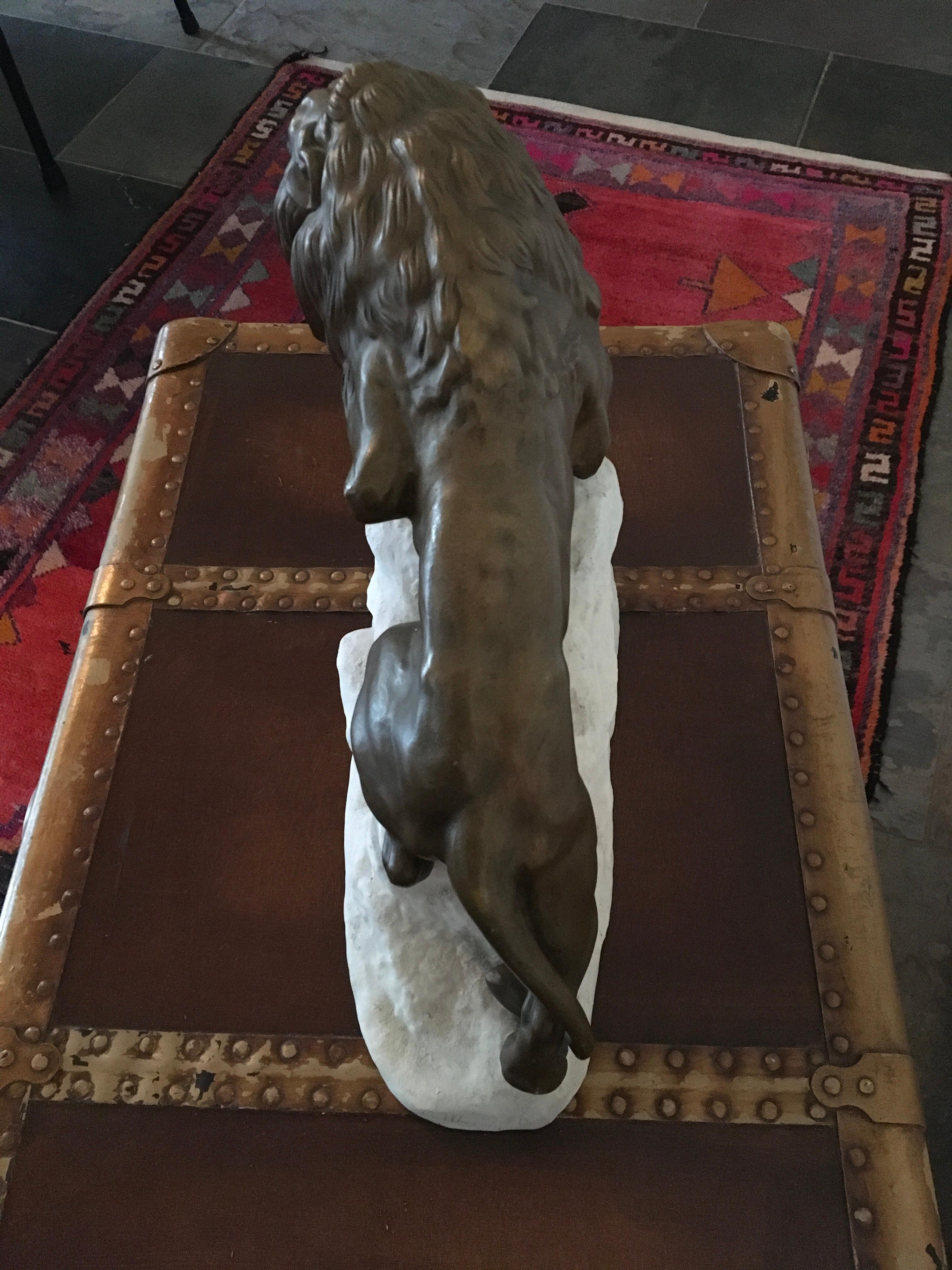 French Bronze Lion on White Rock, Clovis Edmond Masson, France  For Sale
