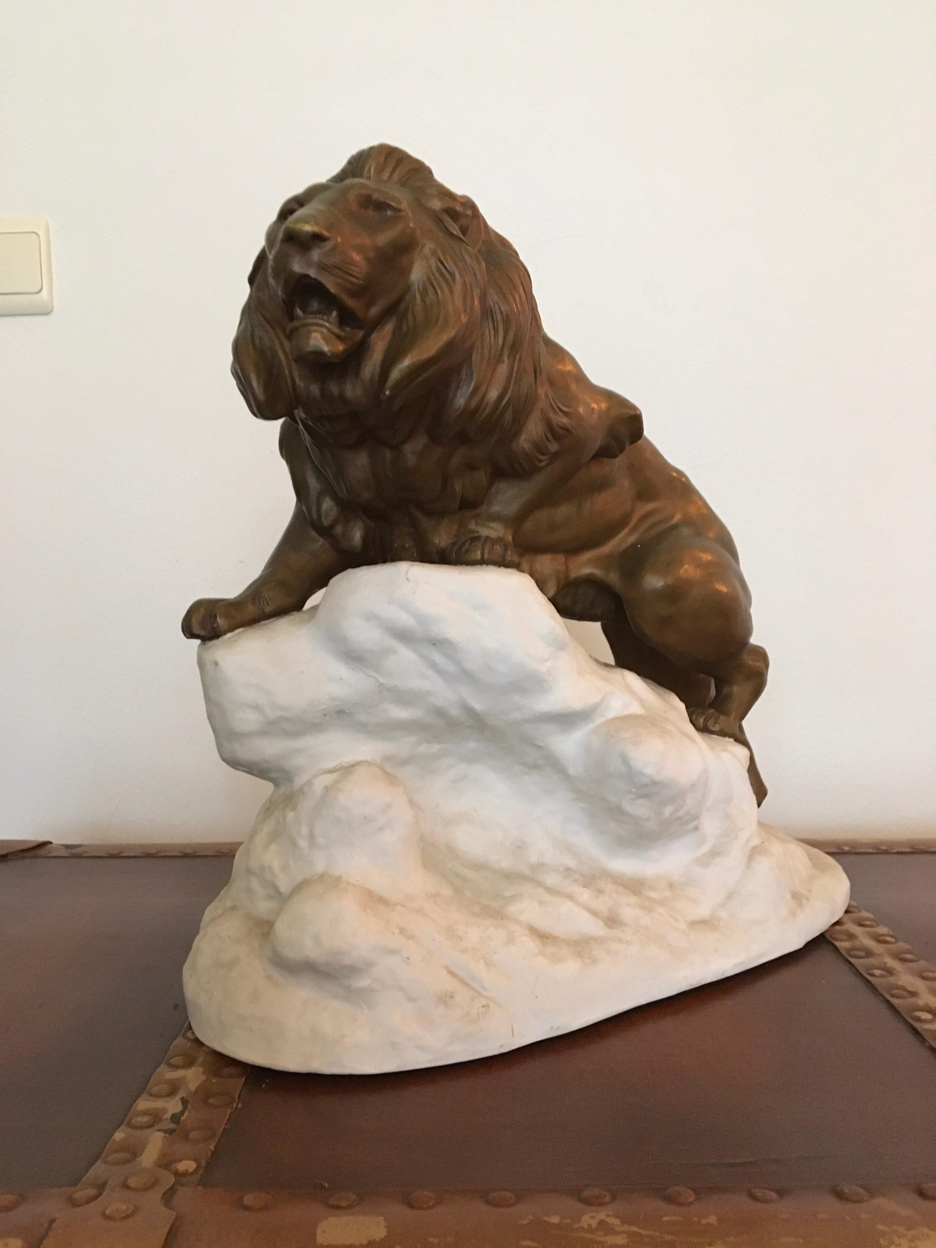 20th Century Bronze Lion on White Rock, Clovis Edmond Masson, France  For Sale