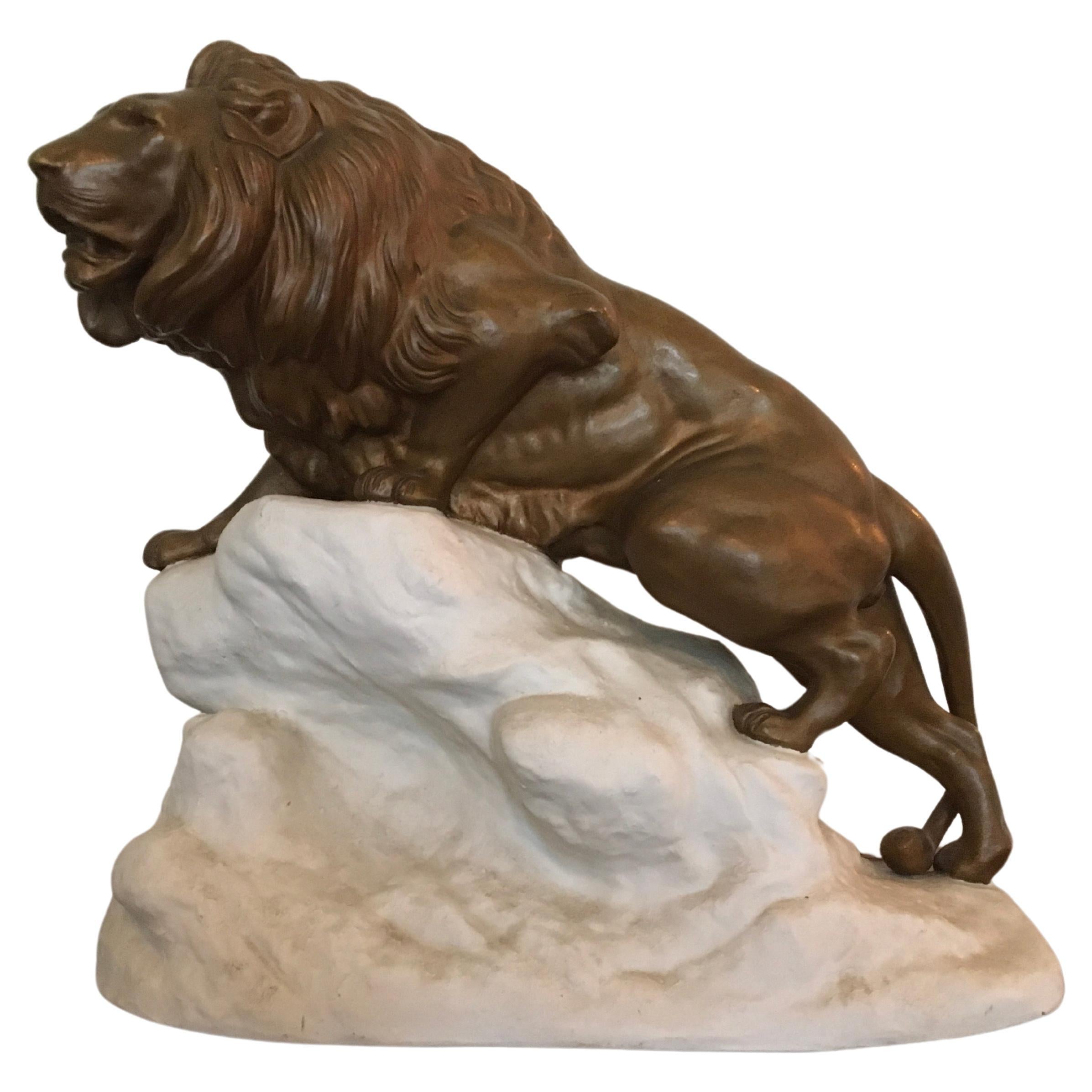 Bronze Lion on White Rock, Clovis Edmond Masson, France  For Sale