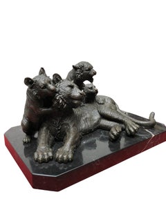 Bronze Lion Statue, Tiger and Cubs Animals Casting, 20th Century