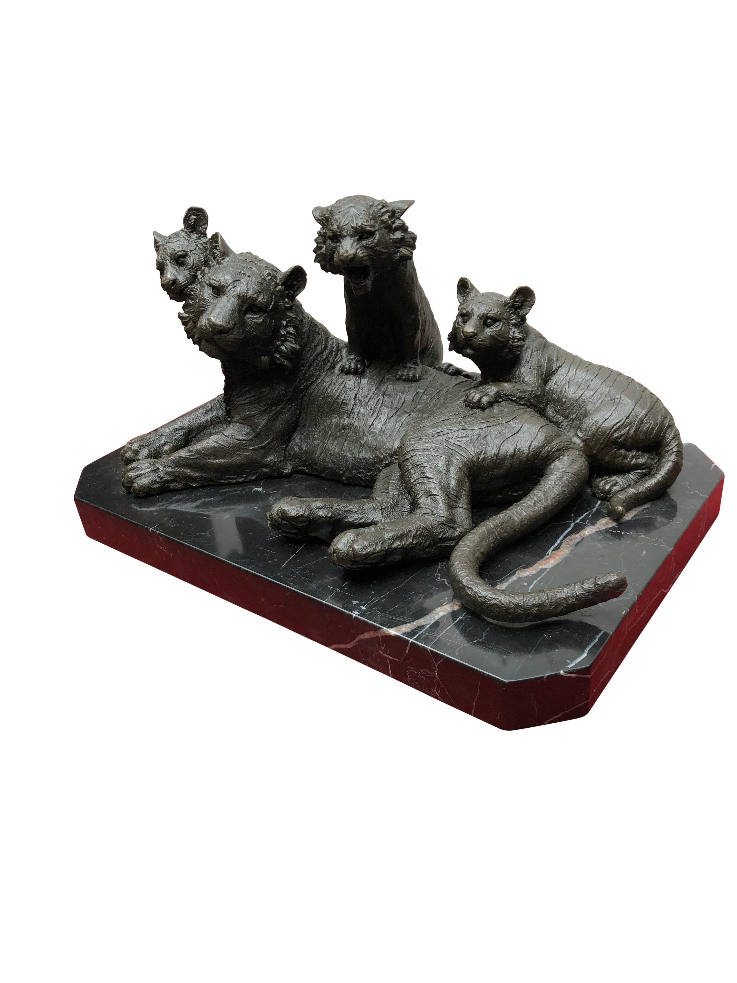 French Bronze Lion Statue, Tiger and Cubs Animals Casting, 20th Century For Sale