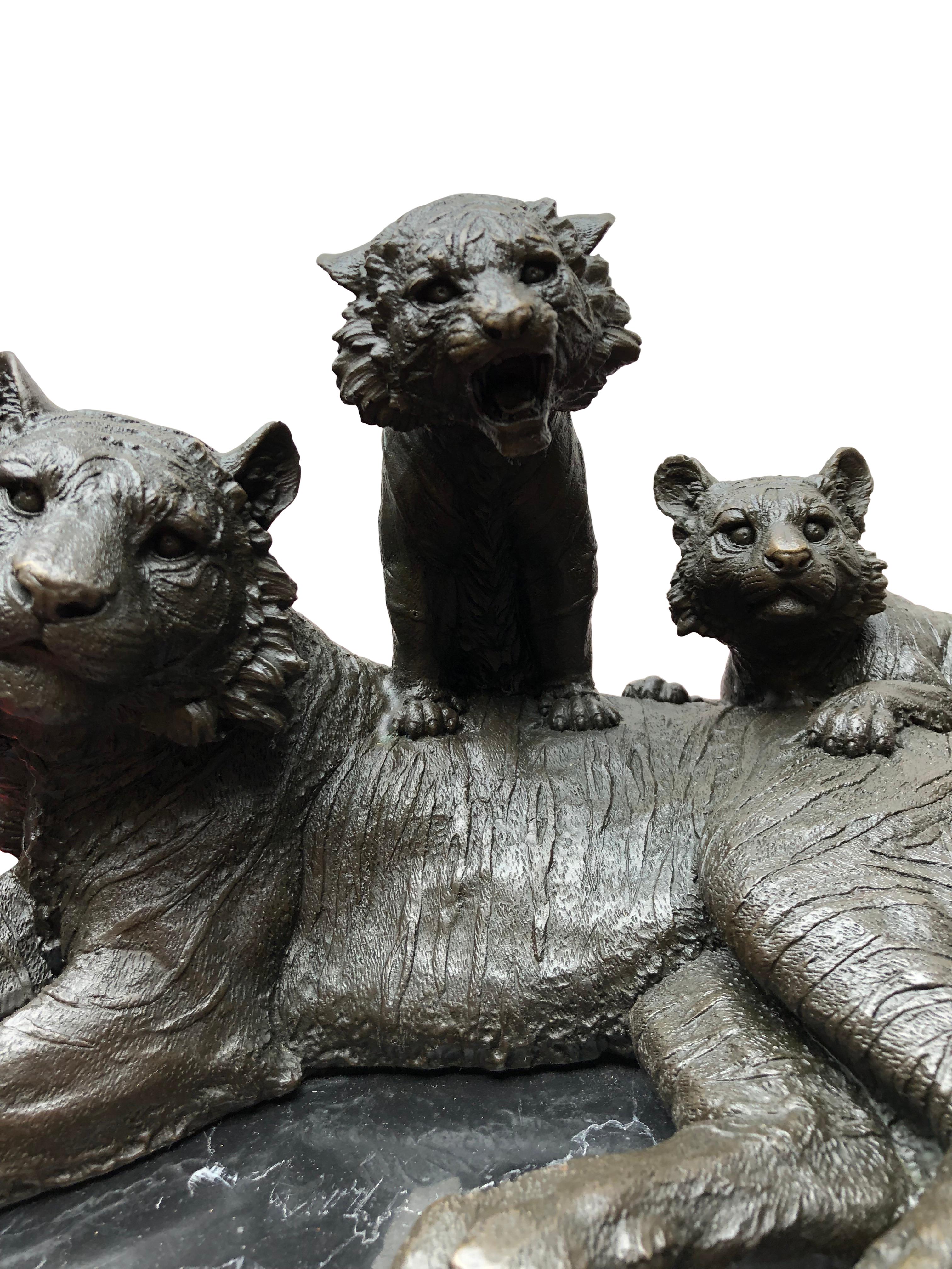 Bronze Lion Statue, Tiger and Cubs Animals Casting, 20th Century For Sale 1