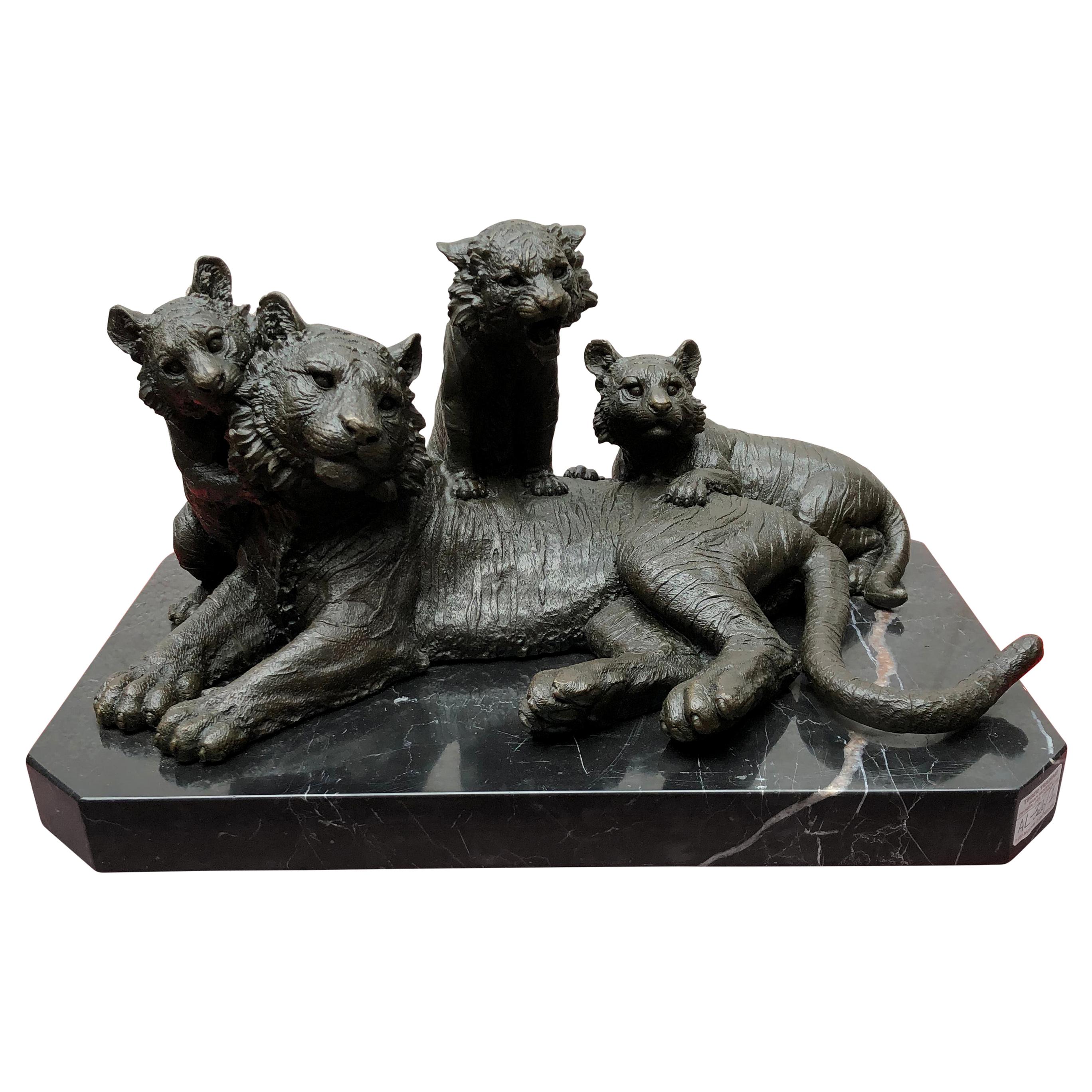 Bronze Lion Statue, Tiger and Cubs Animals Casting, 20th Century For Sale