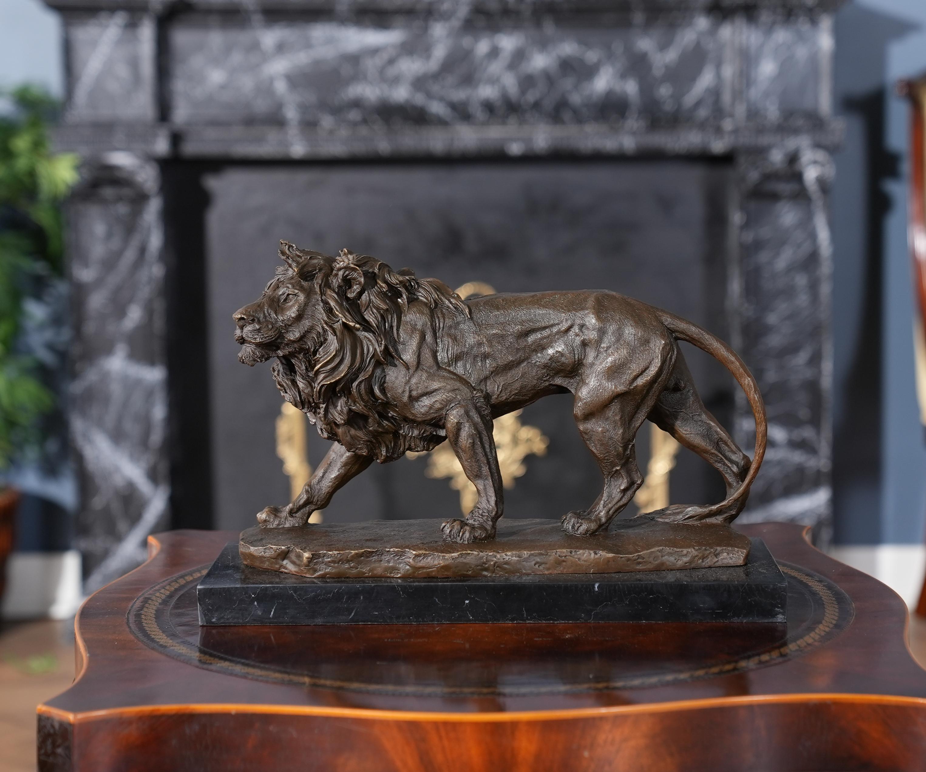 Graceful even when standing still the Bronze Lion with Marble Base is a striking addition to any setting. Using traditional lost wax casting methods the Bull Lion statue is created in pieces and then joined together with brazing and hand chaised