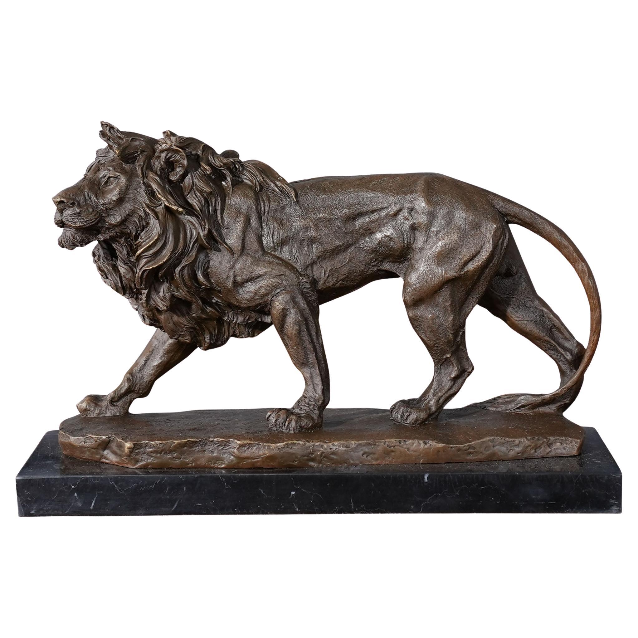 Bronze Lion with Marble Base For Sale