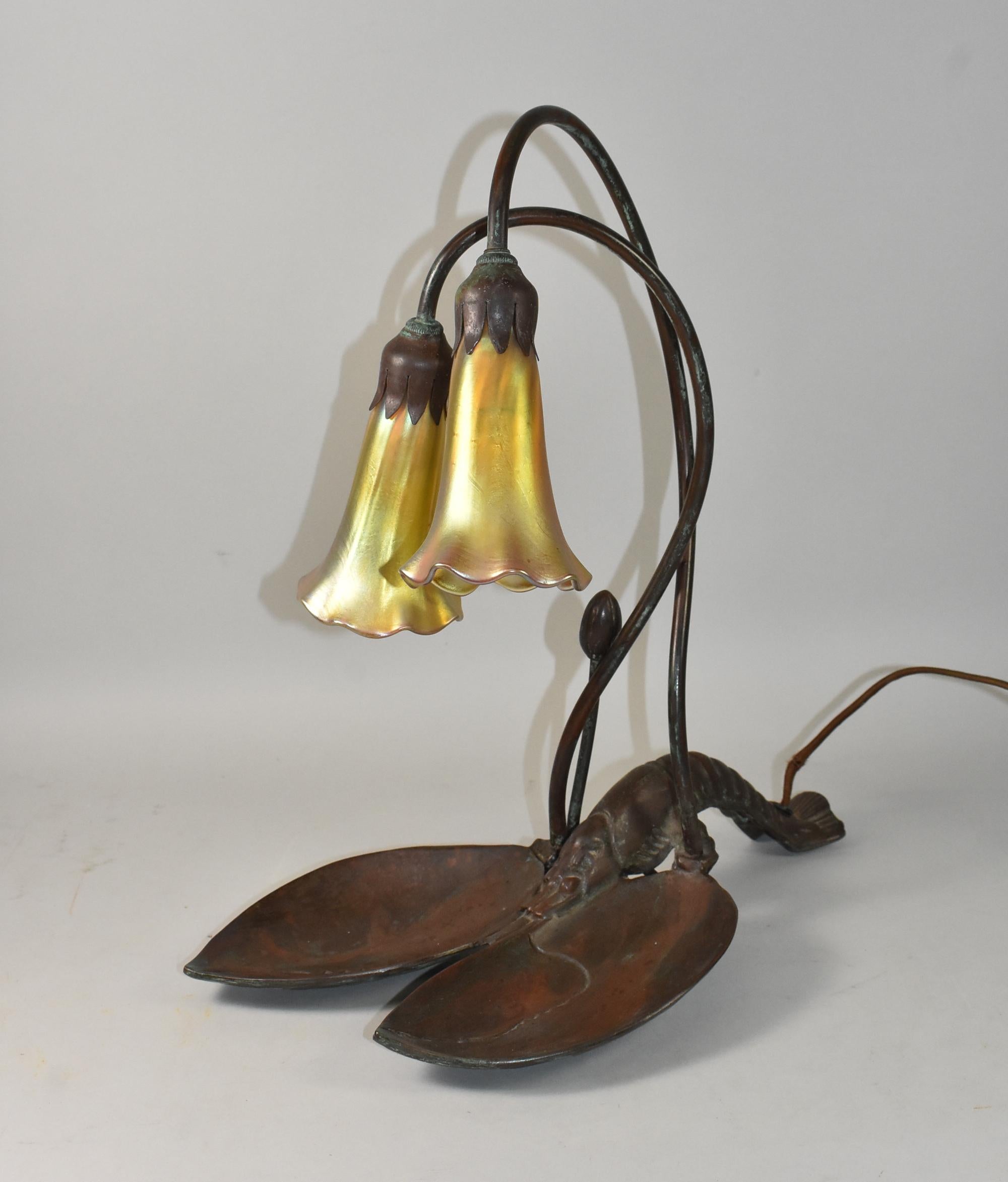Art Deco Bronze Lobster Lamp with Art Glass Shades