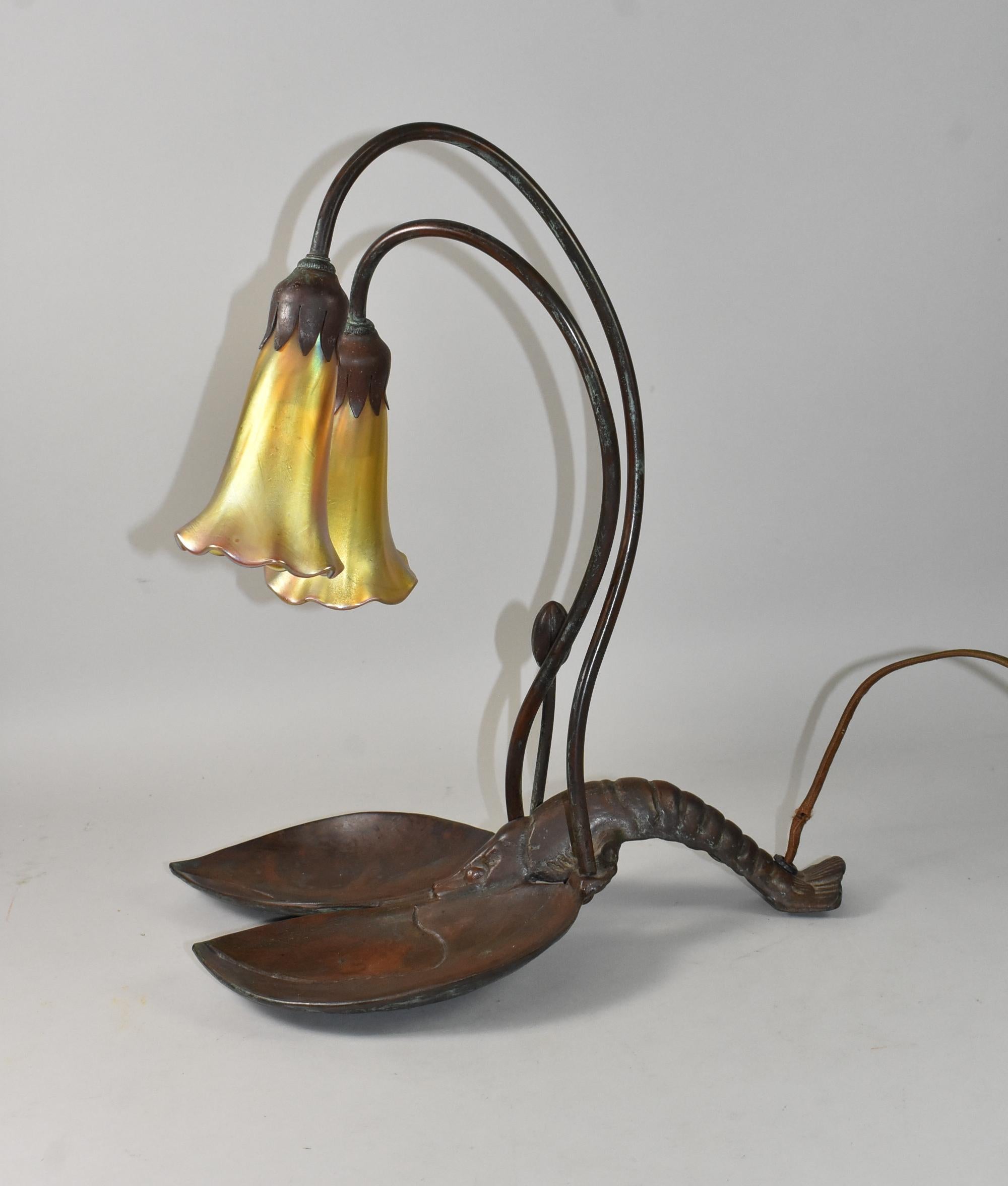 20th Century Bronze Lobster Lamp with Art Glass Shades