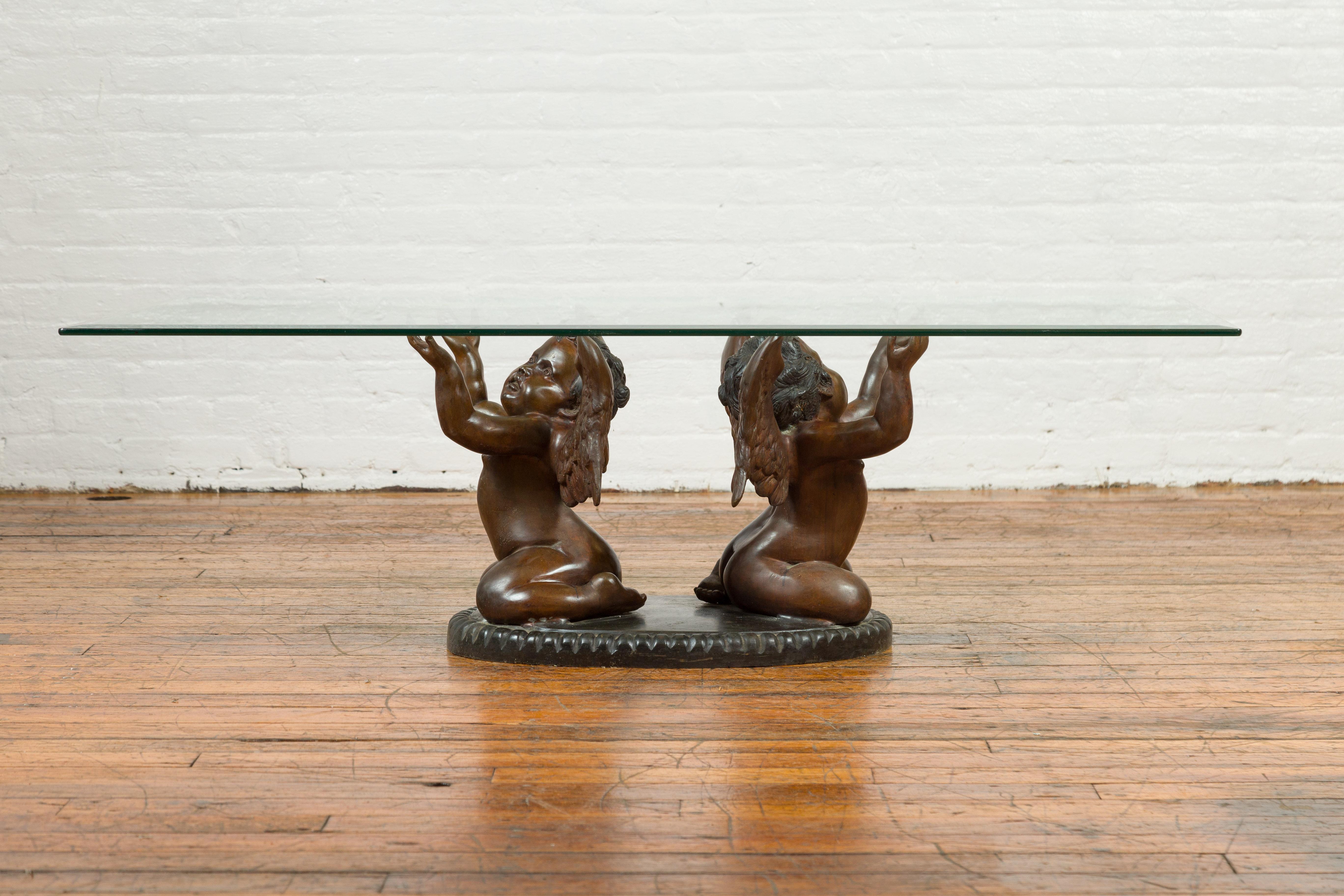Bronze Looking to the Heavens Double Cherub Coffee Table Base with Dark Patina For Sale 4