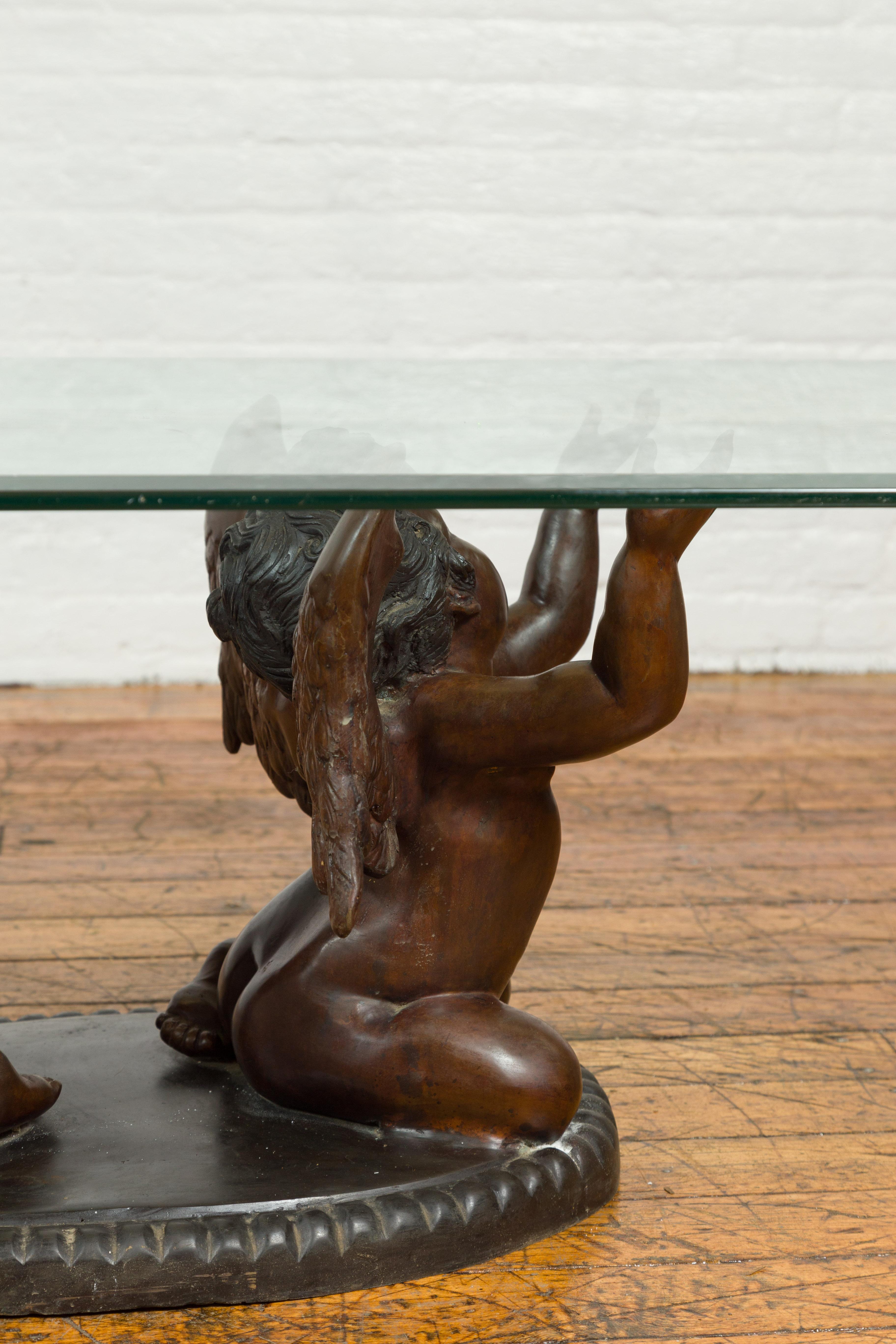 Cast Bronze Looking to the Heavens Double Cherub Coffee Table Base with Dark Patina For Sale