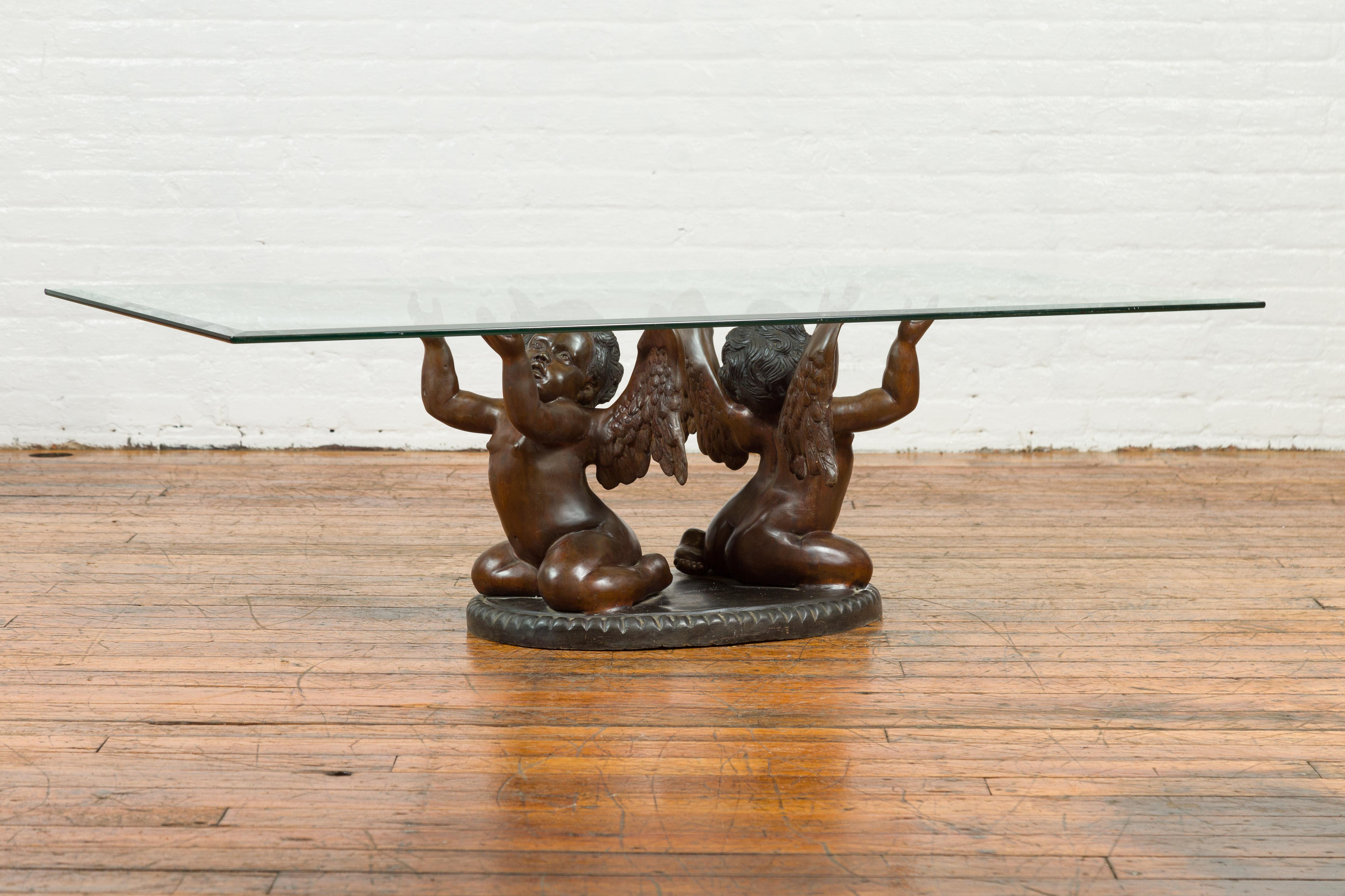 Contemporary Bronze Looking to the Heavens Double Cherub Coffee Table Base with Dark Patina For Sale