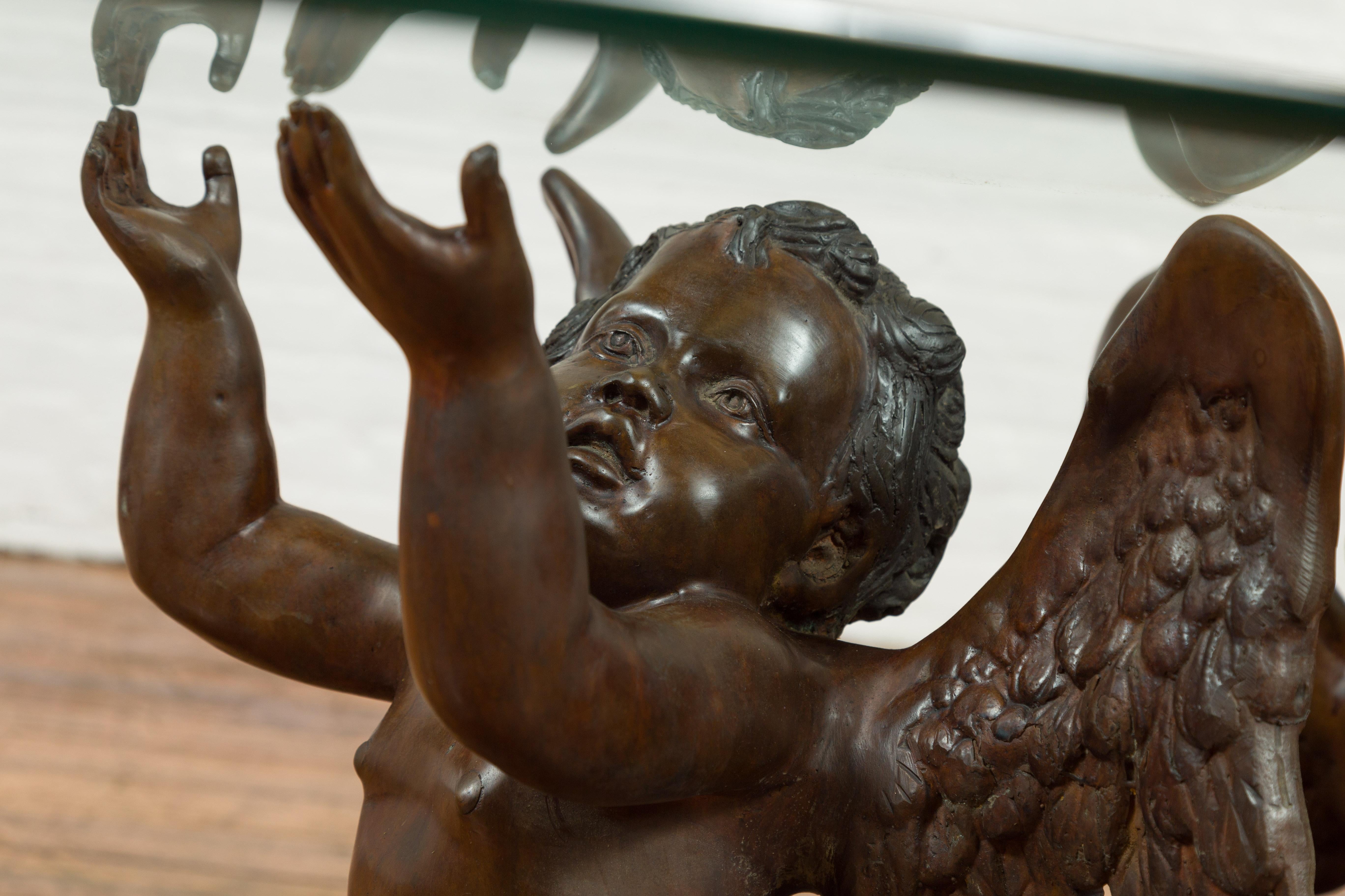 Bronze Looking to the Heavens Double Cherub Coffee Table Base with Dark Patina For Sale 1