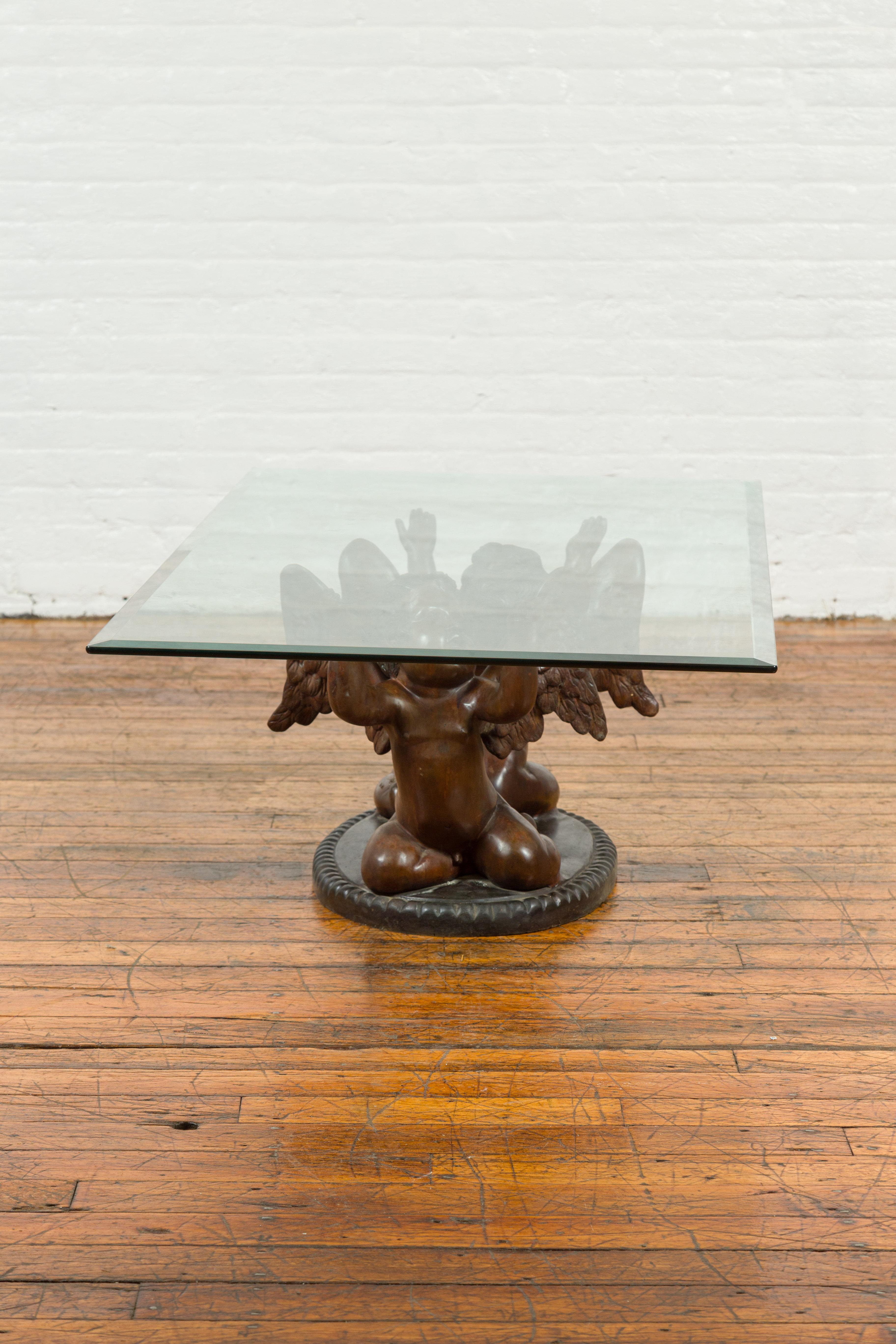Bronze Looking to the Heavens Double Cherub Coffee Table Base with Dark Patina For Sale 2