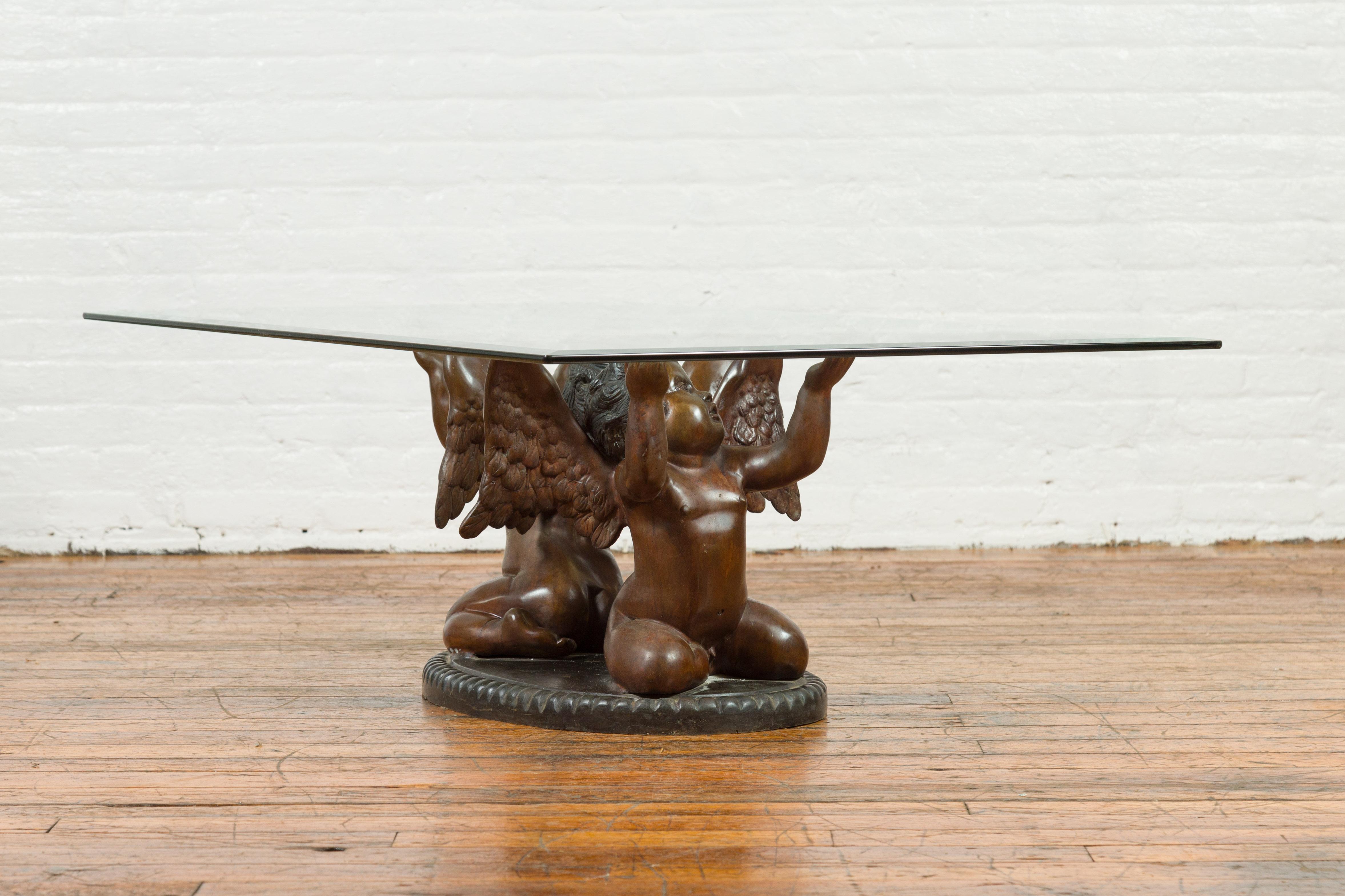 Bronze Looking to the Heavens Double Cherub Coffee Table Base with Dark Patina For Sale 3