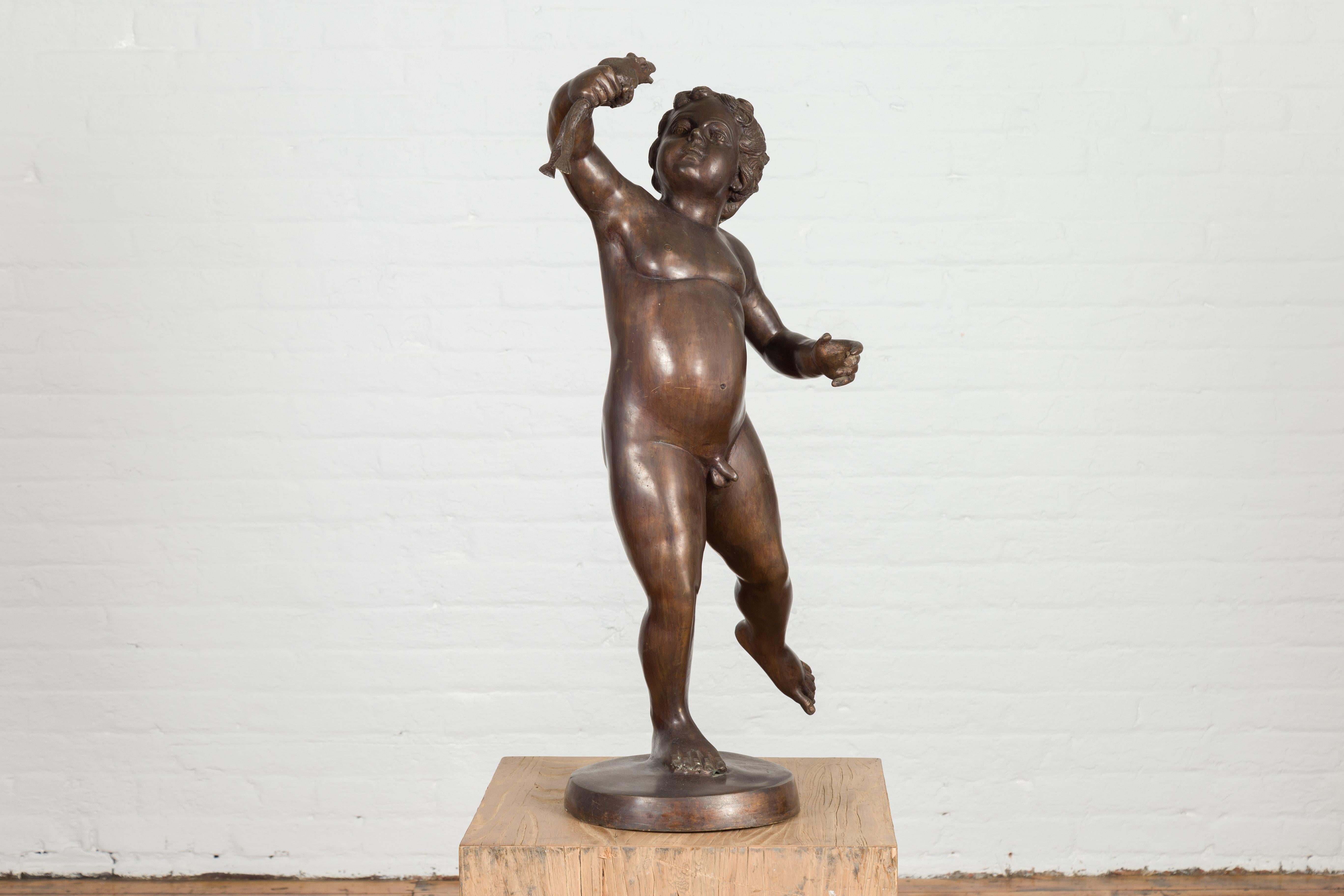 Classical Bronze Tabletop Statue of a Putto Holding a Frog For Sale 4