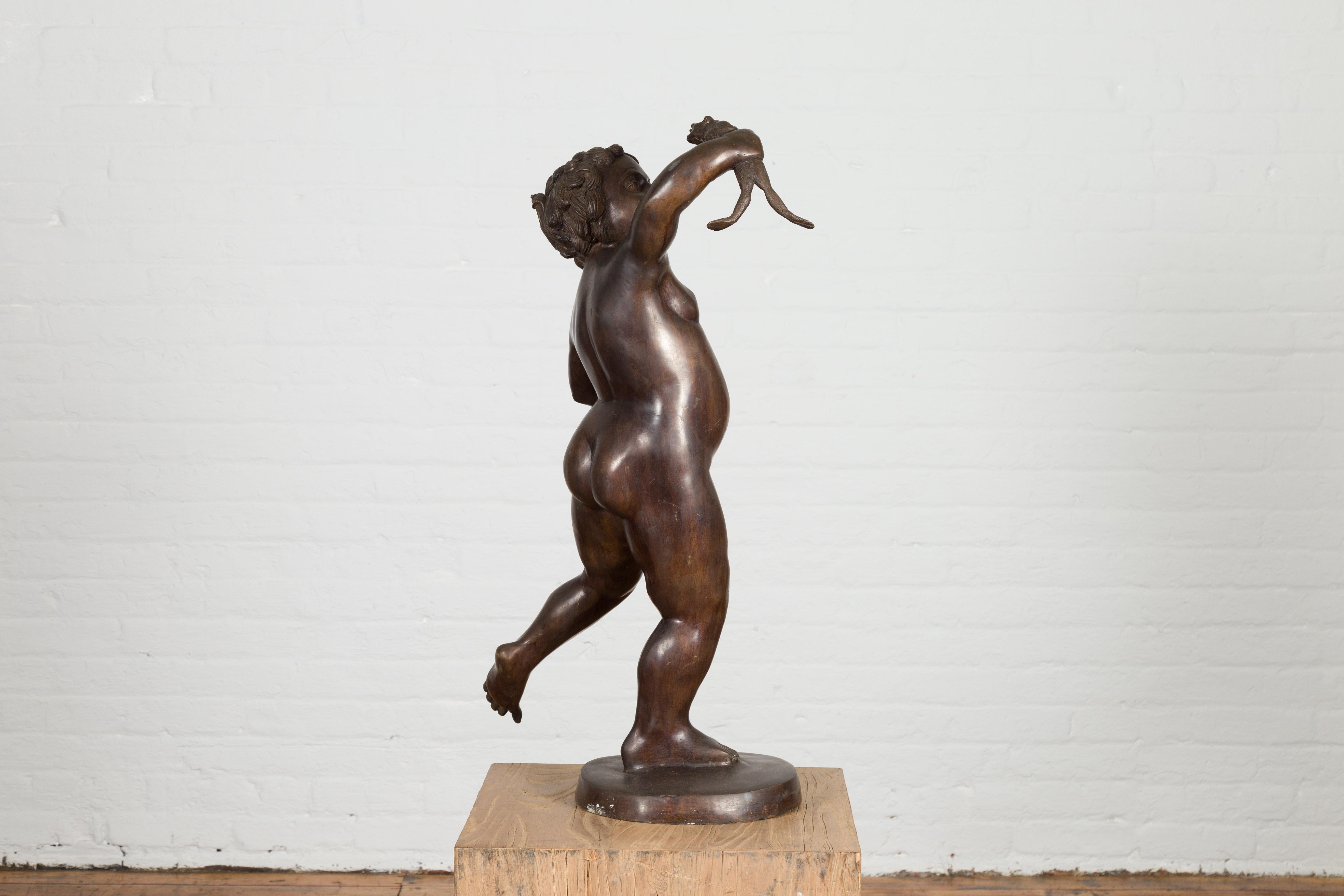 Classical Bronze Tabletop Statue of a Putto Holding a Frog For Sale 6