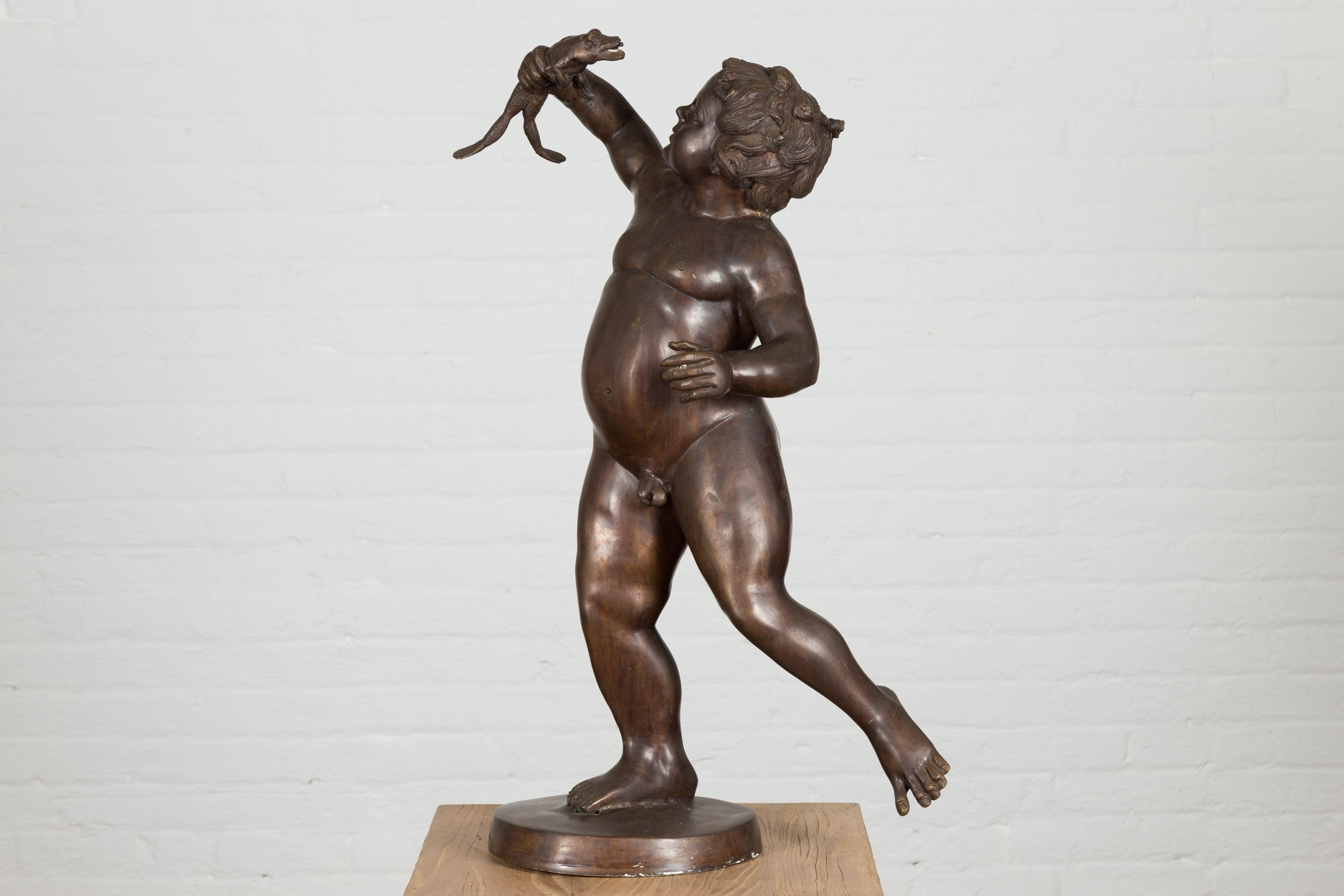 Classical Bronze Tabletop Statue of a Putto Holding a Frog For Sale 11