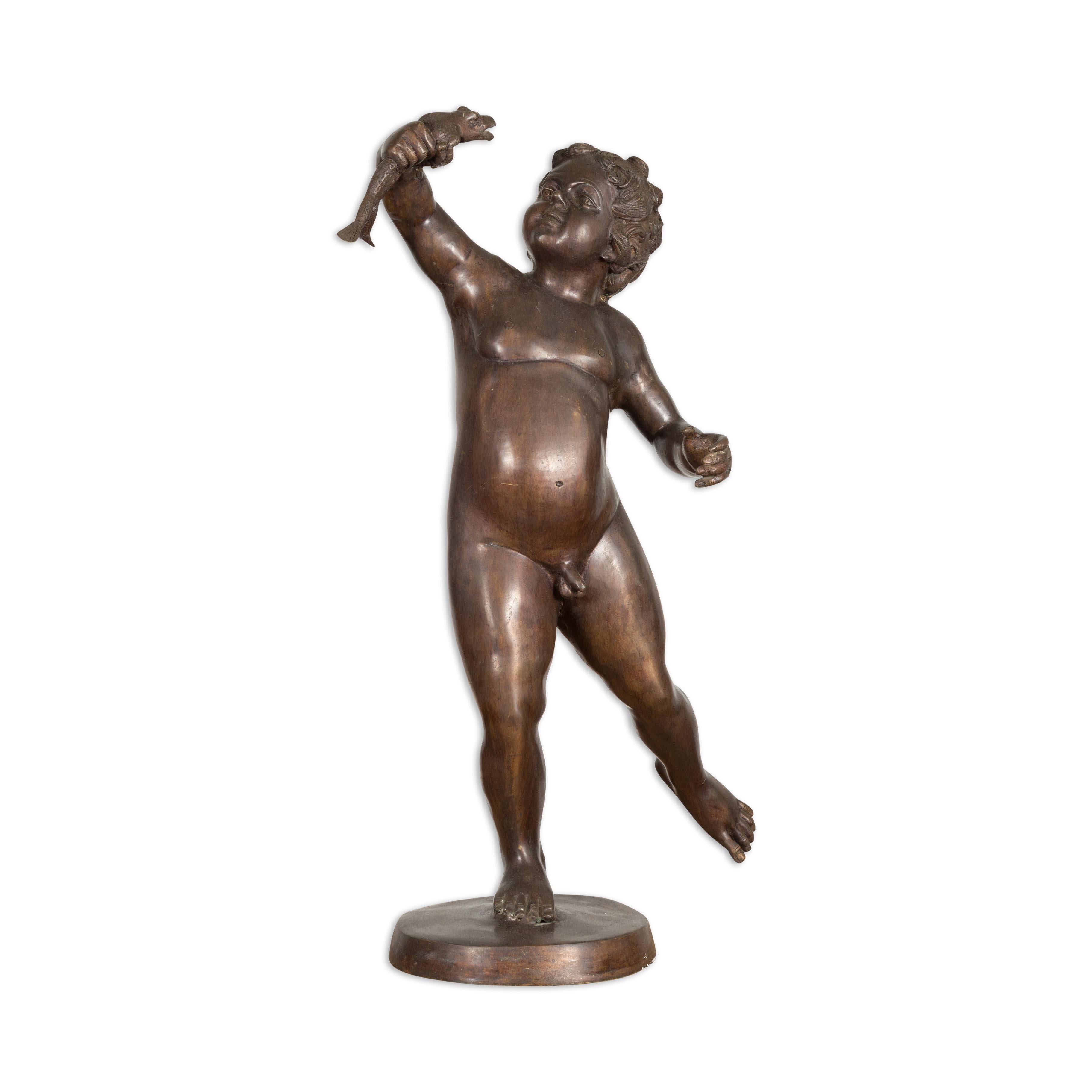 Classical Bronze Tabletop Statue of a Putto Holding a Frog For Sale 13