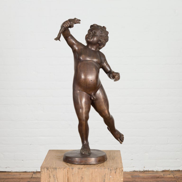 Classical Bronze Tabletop Statue of a Putto Holding a Frog For Sale at  1stDibs