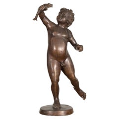 Vintage Classical Bronze Tabletop Statue of a Putto Holding a Frog