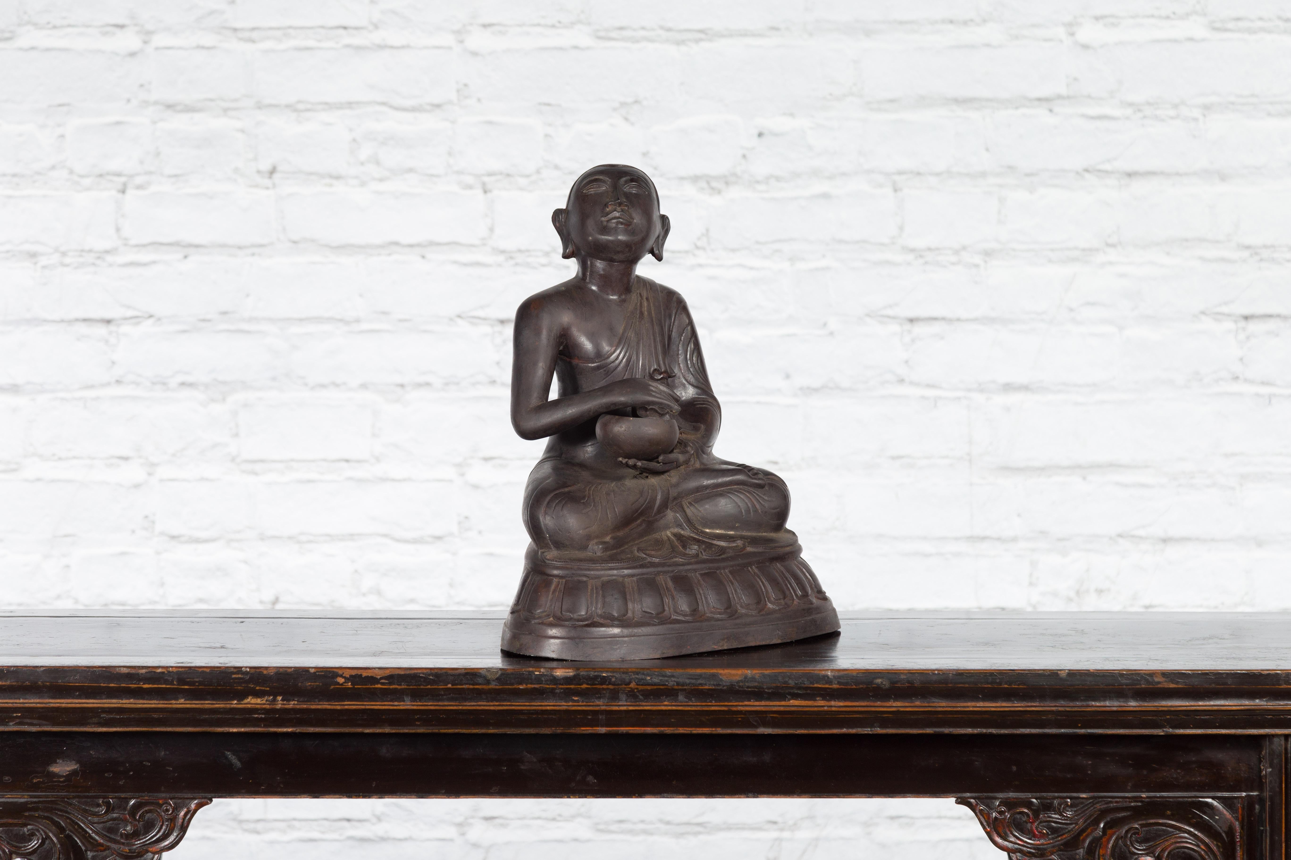 Bronze Lost Wax Sculpture Depicting a Praying Buddhist Monk with Offering Bowl For Sale 5