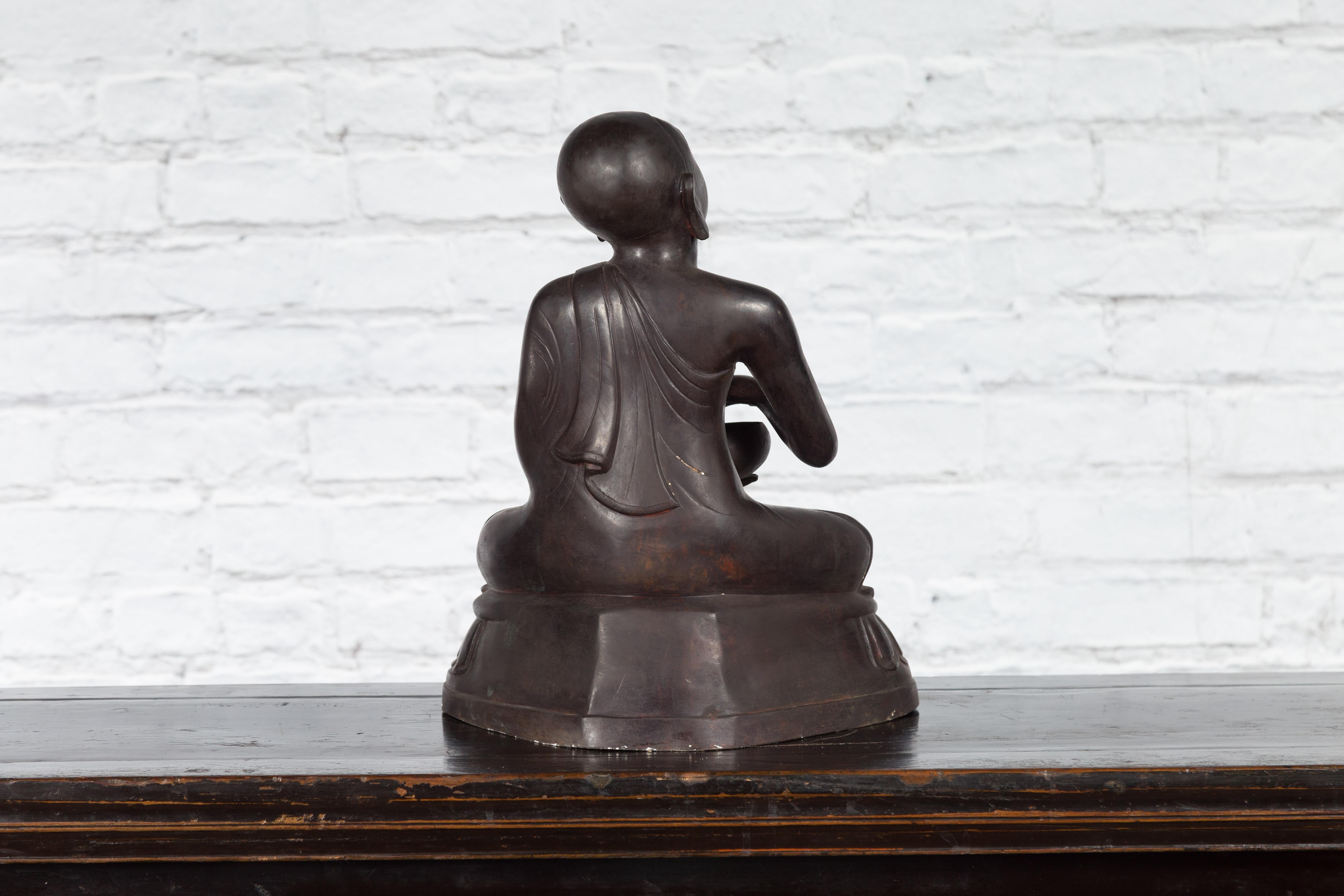 Bronze Lost Wax Sculpture Depicting a Praying Buddhist Monk with Offering Bowl For Sale 7