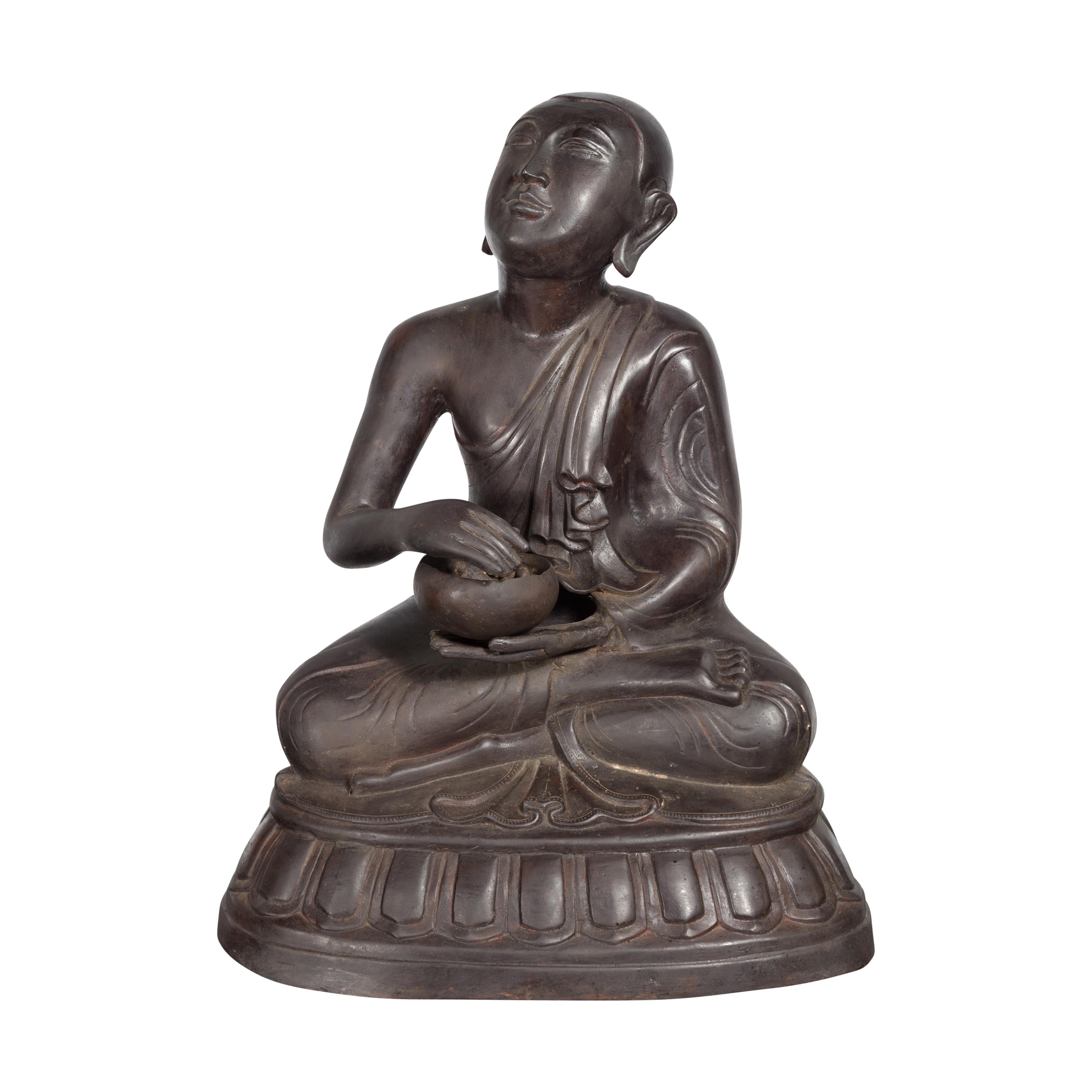 Bronze Lost Wax Sculpture Depicting a Praying Buddhist Monk with Offering Bowl For Sale 9