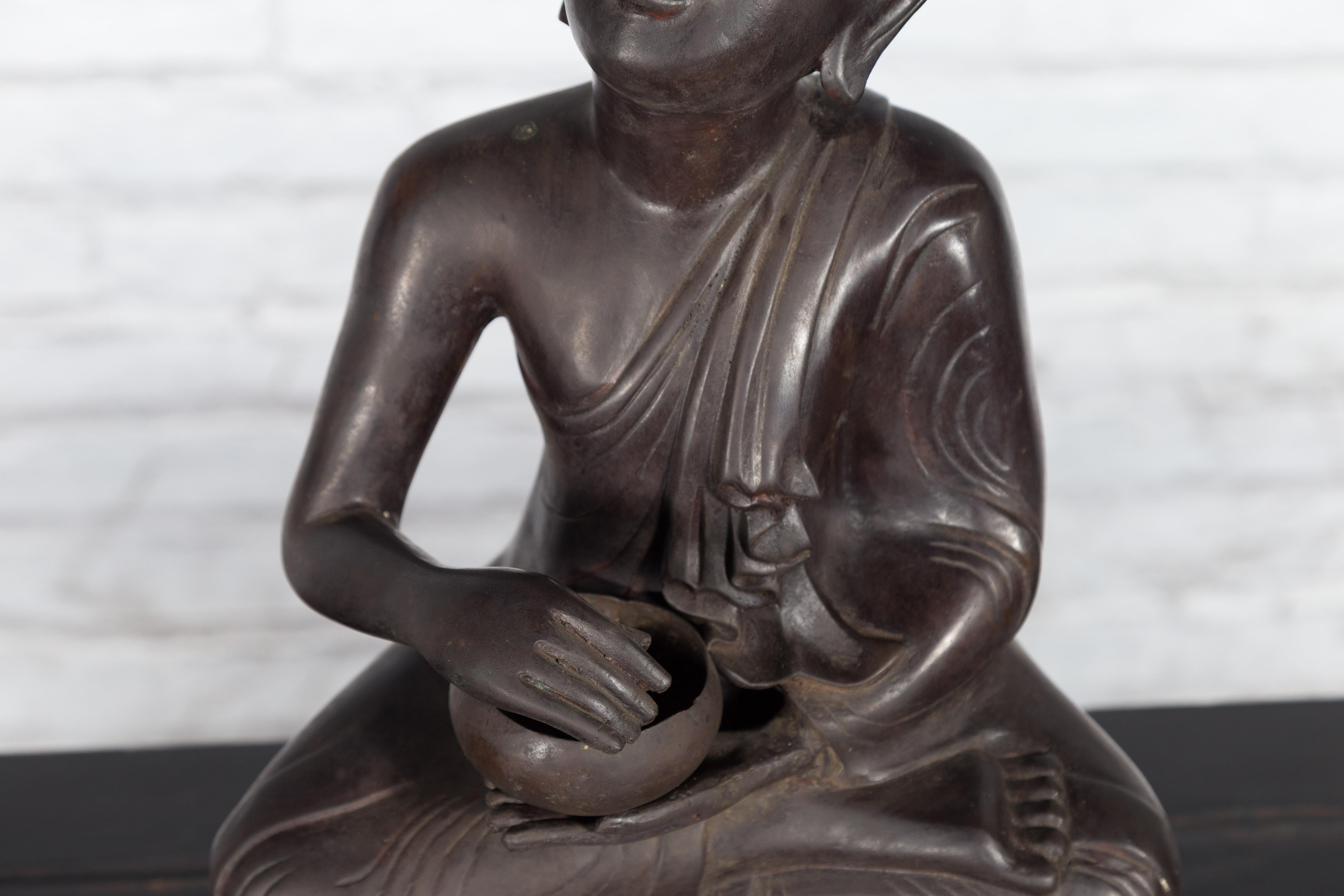Bronze Lost Wax Sculpture Depicting a Praying Buddhist Monk with Offering Bowl For Sale 2