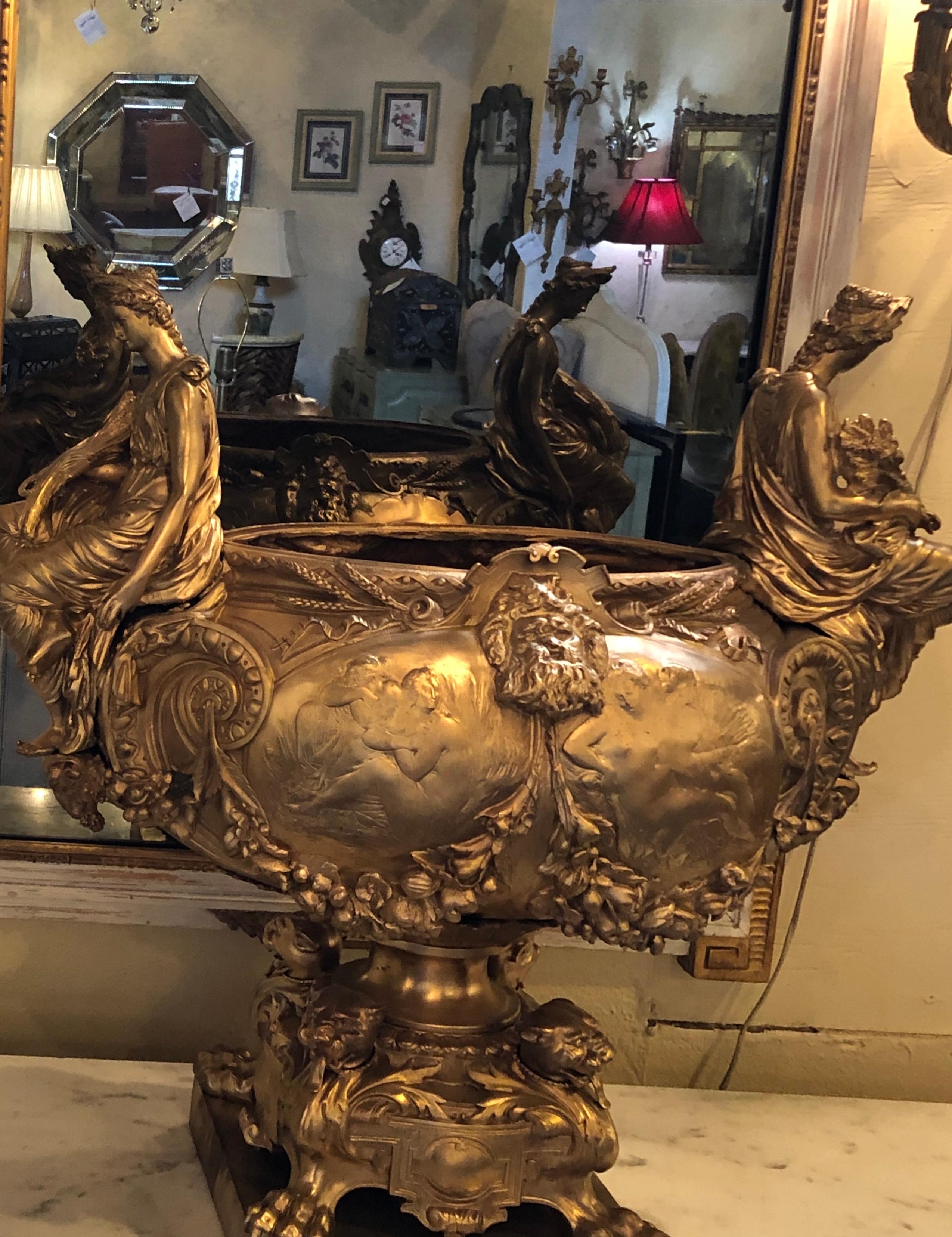 Bronze Louis XV Style Centerpiece or Jardinière, Seated with Flaking Maidens 10