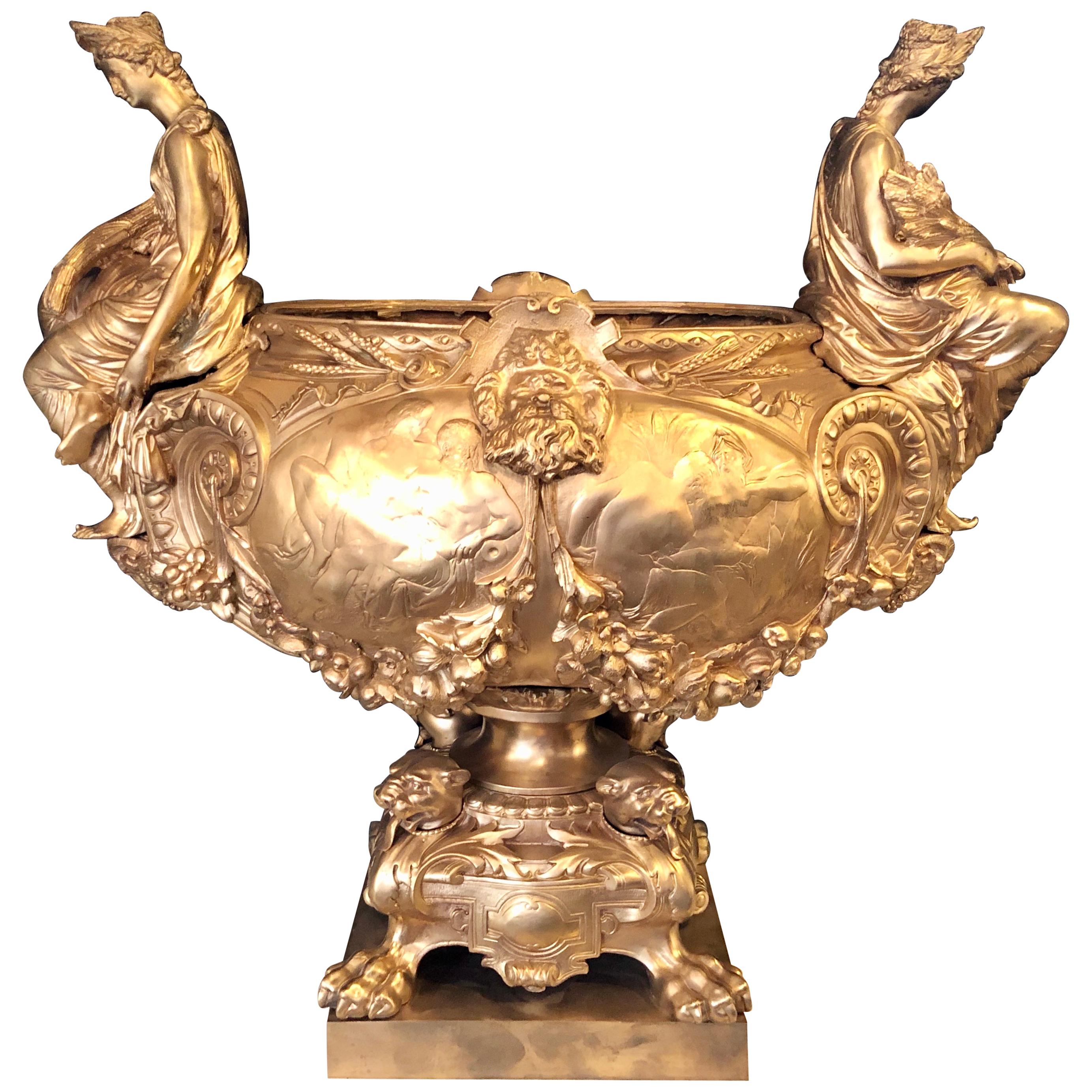 Bronze Louis XV Style Centerpiece or Jardinière, Seated with Flaking Maidens