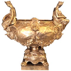 Bronze Louis XV Style Centerpiece or Jardinière, Seated with Flaking Maidens