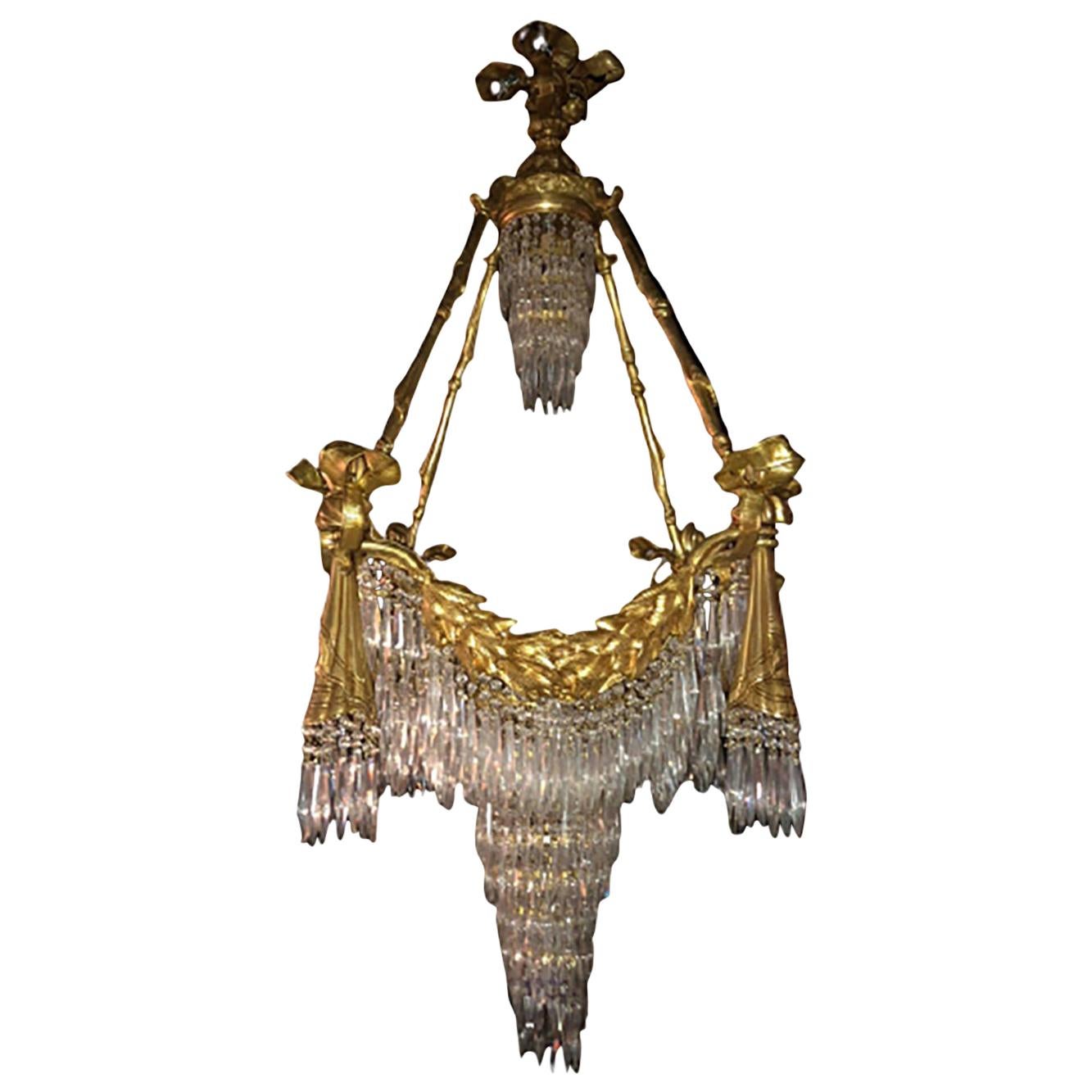Bronze Louis XVI Style Crystal Ribbon and Tassel Drapery Chandelier