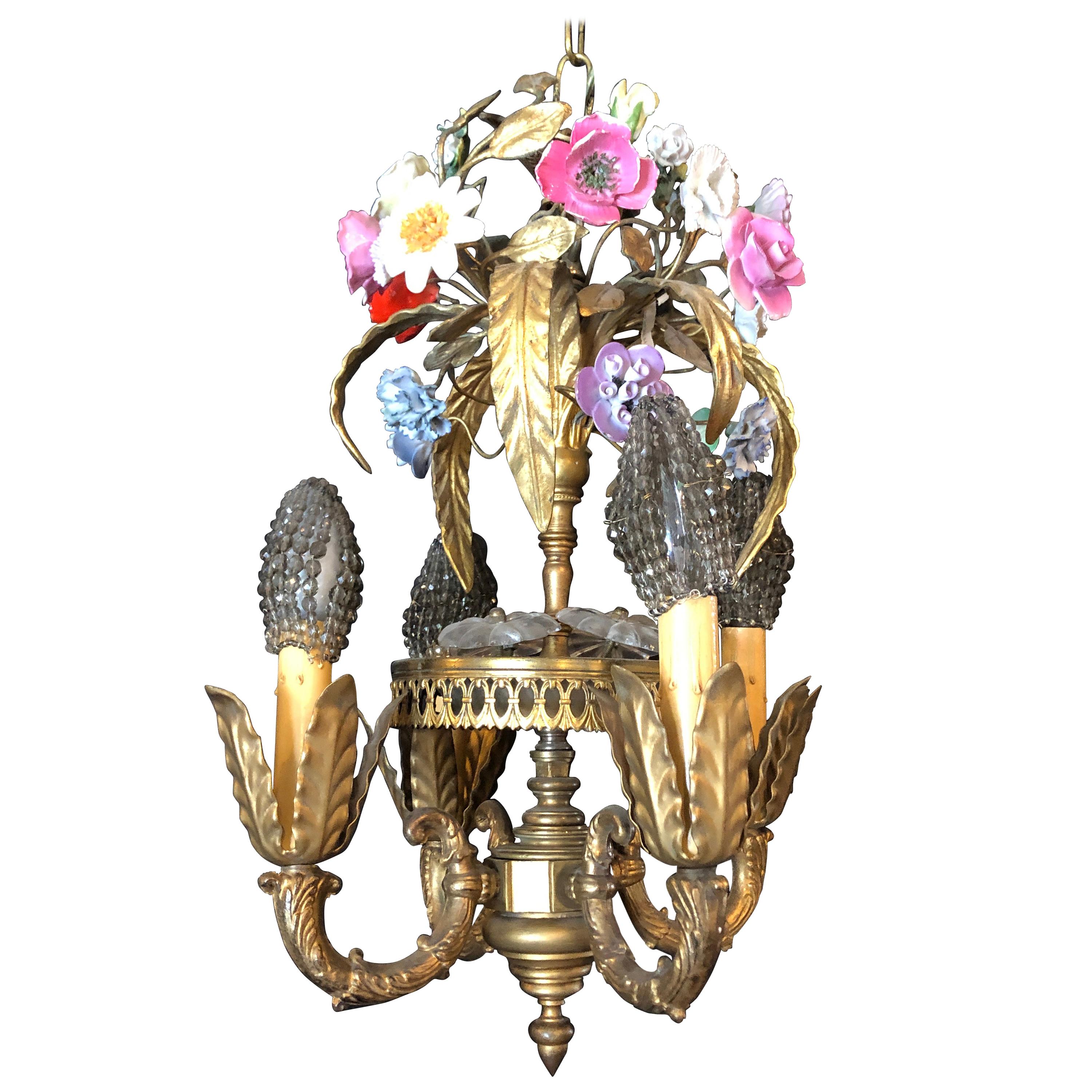 Bronze Louis XVI Style French Chandelier with Porcelain Flowers