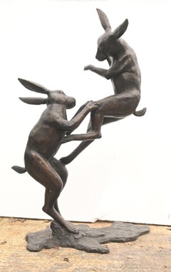 Bronze Mad March Hare Statue Garden Lawn Casting Rabbit Boxing Hares