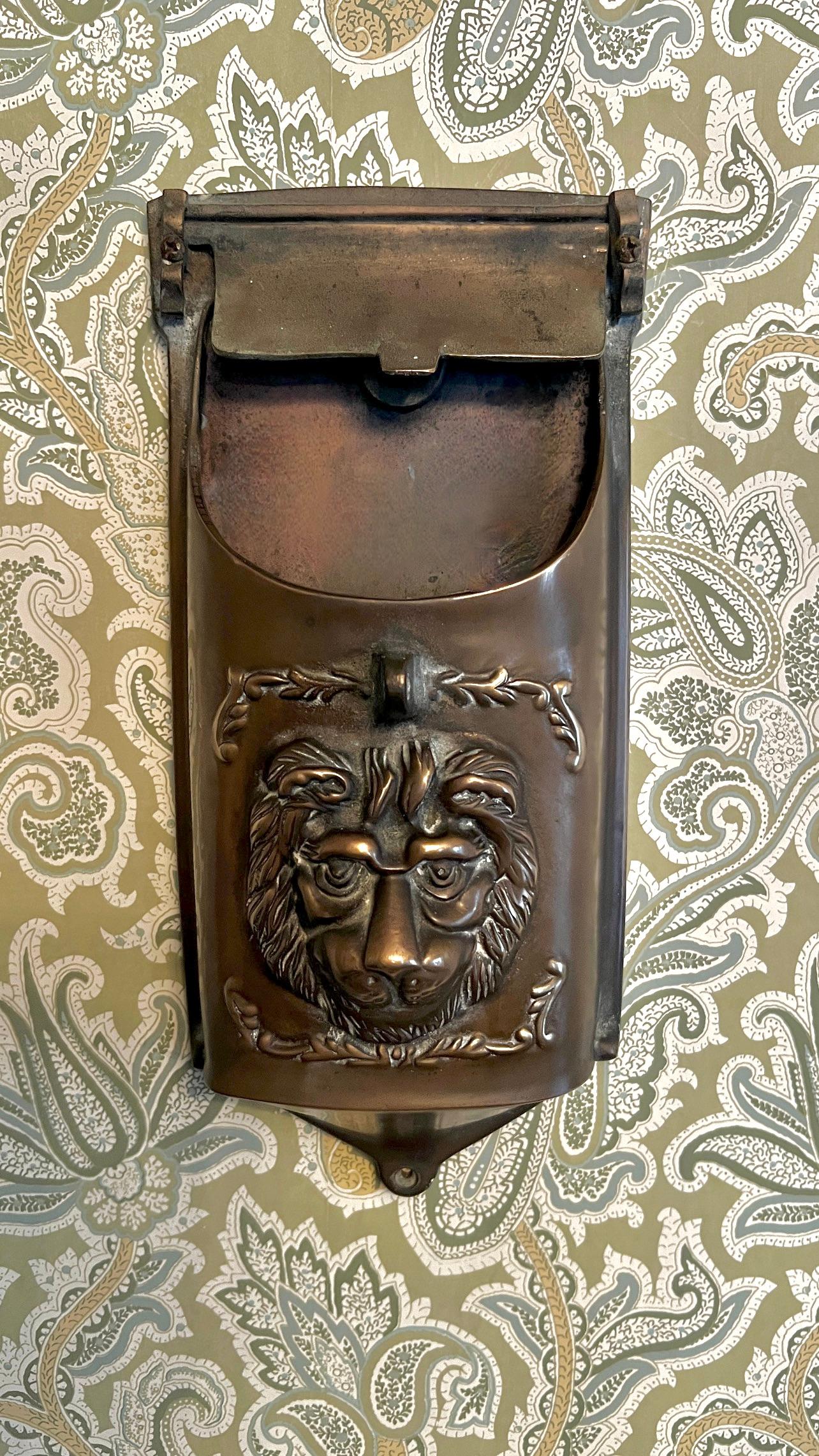 Patinated Bronze Mailbox with Lions Face For Sale