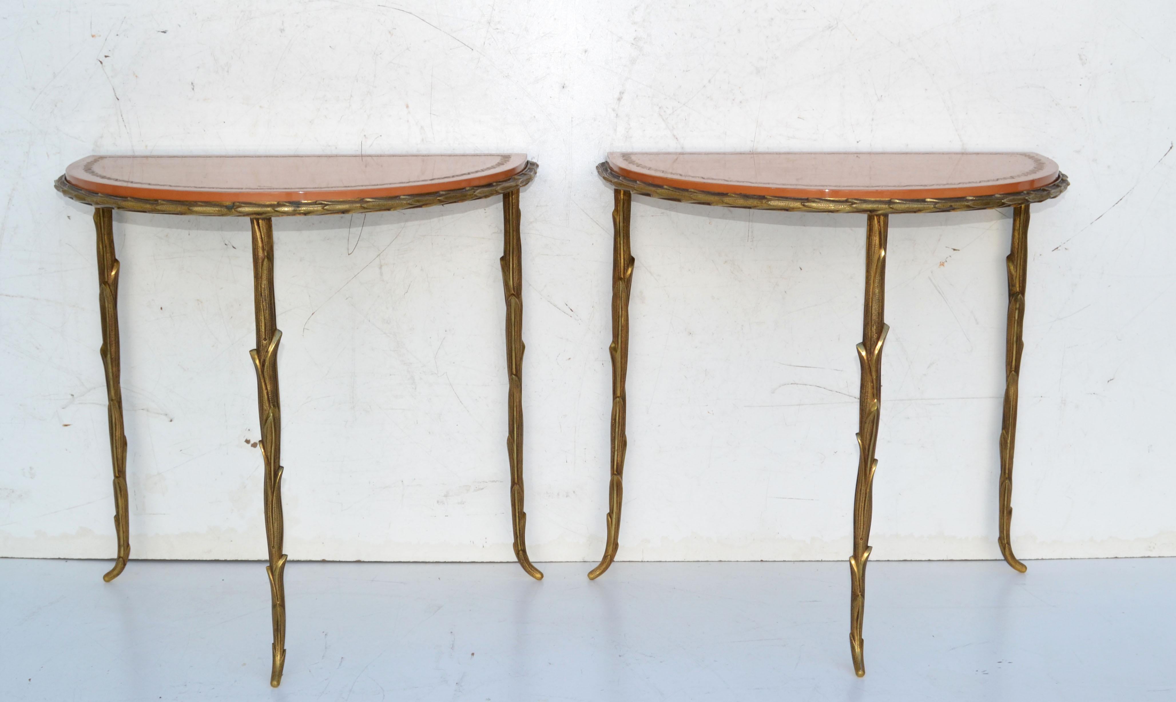 French Bronze Maison Baguès Neoclassical Semi Circle Top Side Table, Pair