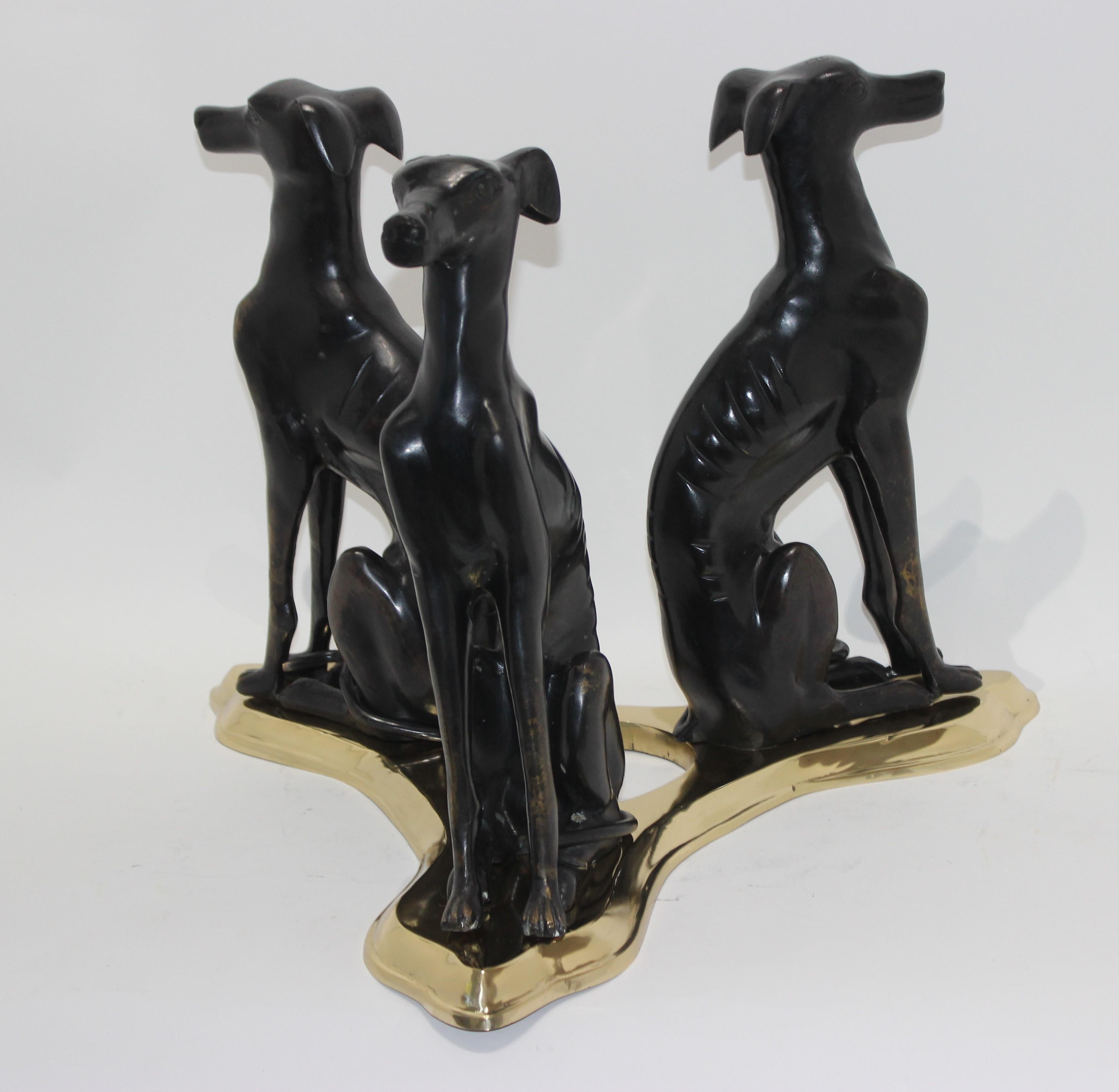 Brass Bronze Maitland Smith Cocktail Table with Three Greyhound Whippet Figures