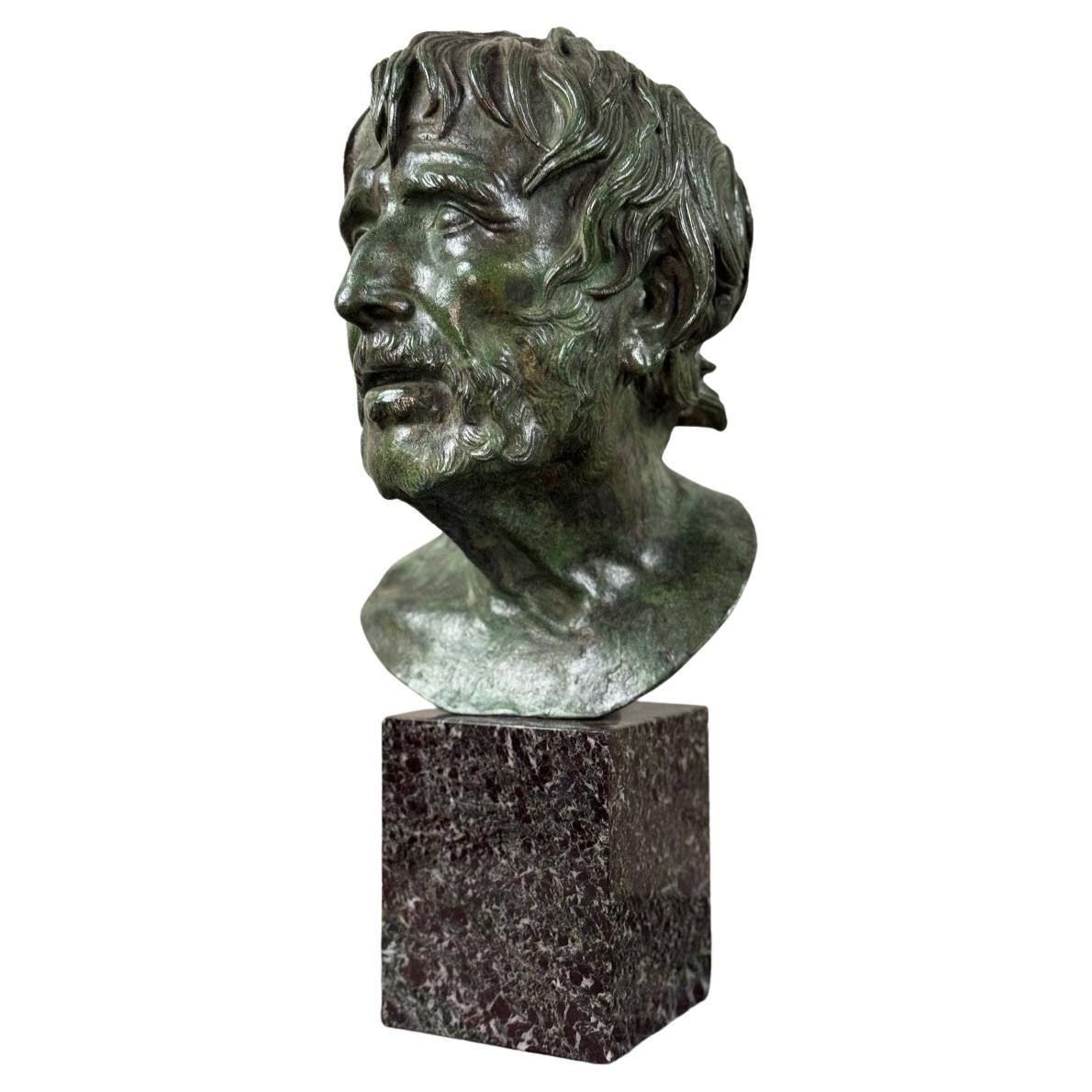 Bronze Male Bust, ‘pseudo Seneque’ Green patina From Antique, 19th Century
