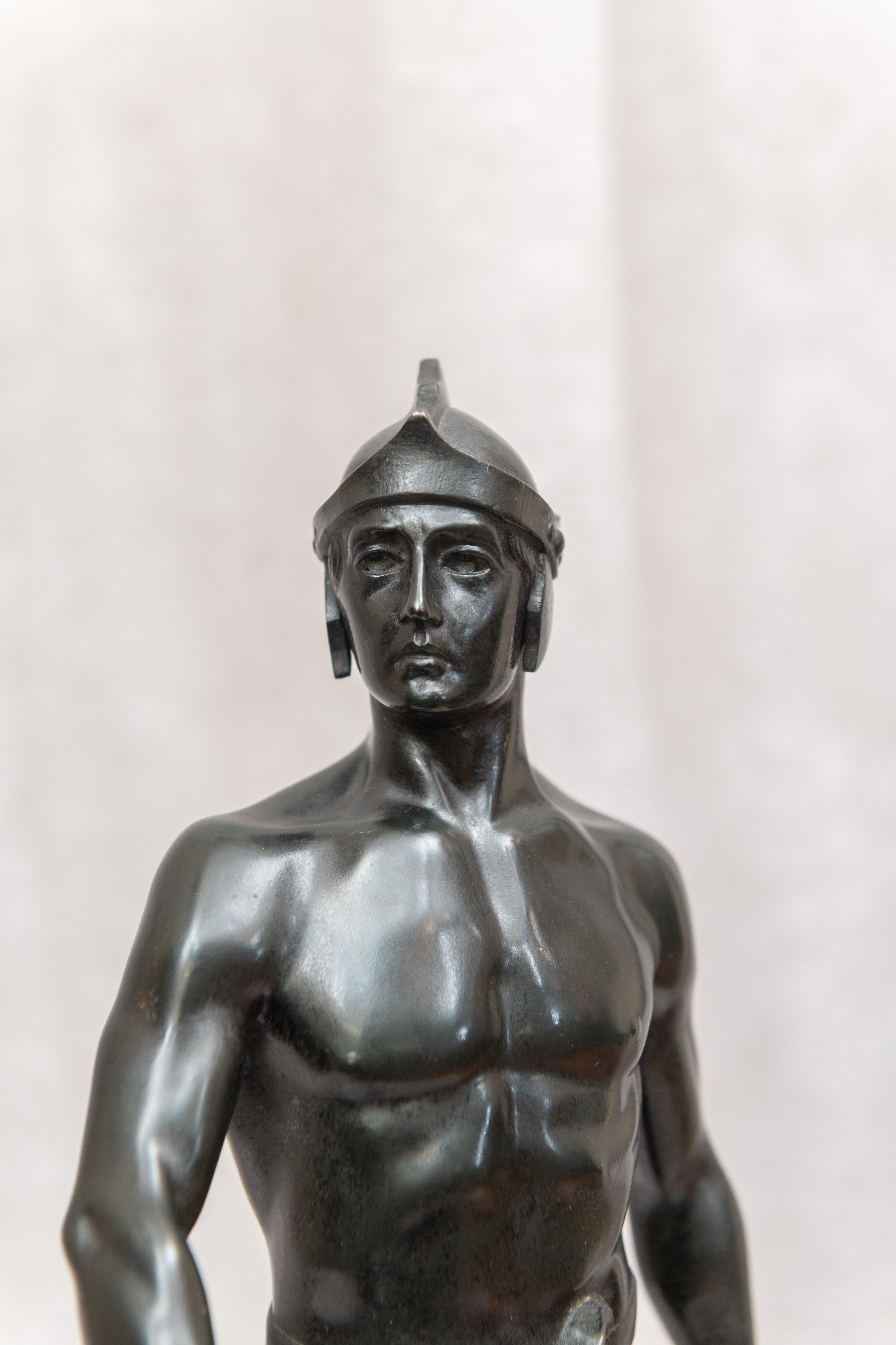 Figura masculina de bronce de apuesto joven guerrero, firmada por artista, alemán, hacia 1890 Bellas artes