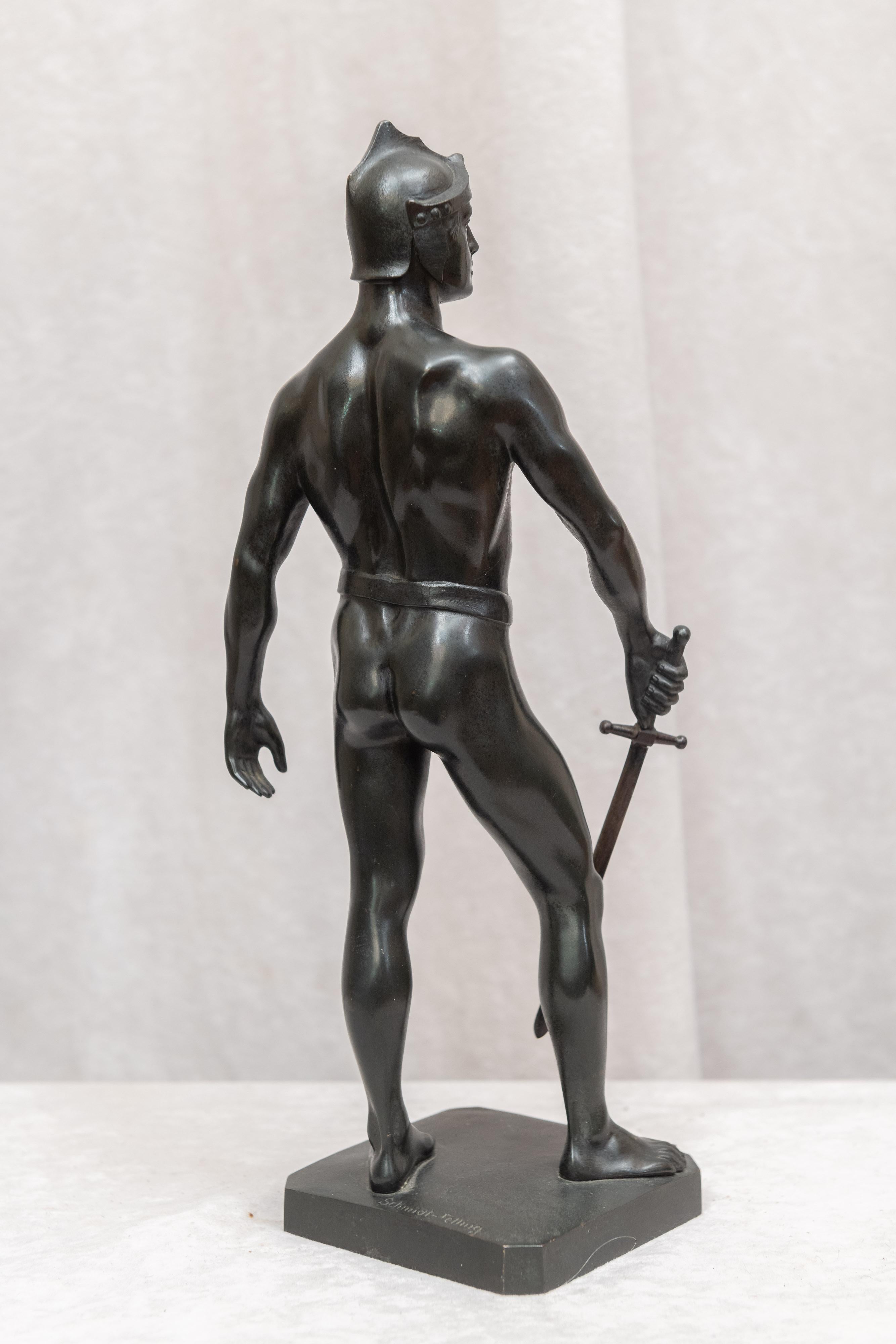 Beaux Arts Bronze Male Figure of Handsome Young Warrior, Artist Signed, German, circa 1890 For Sale