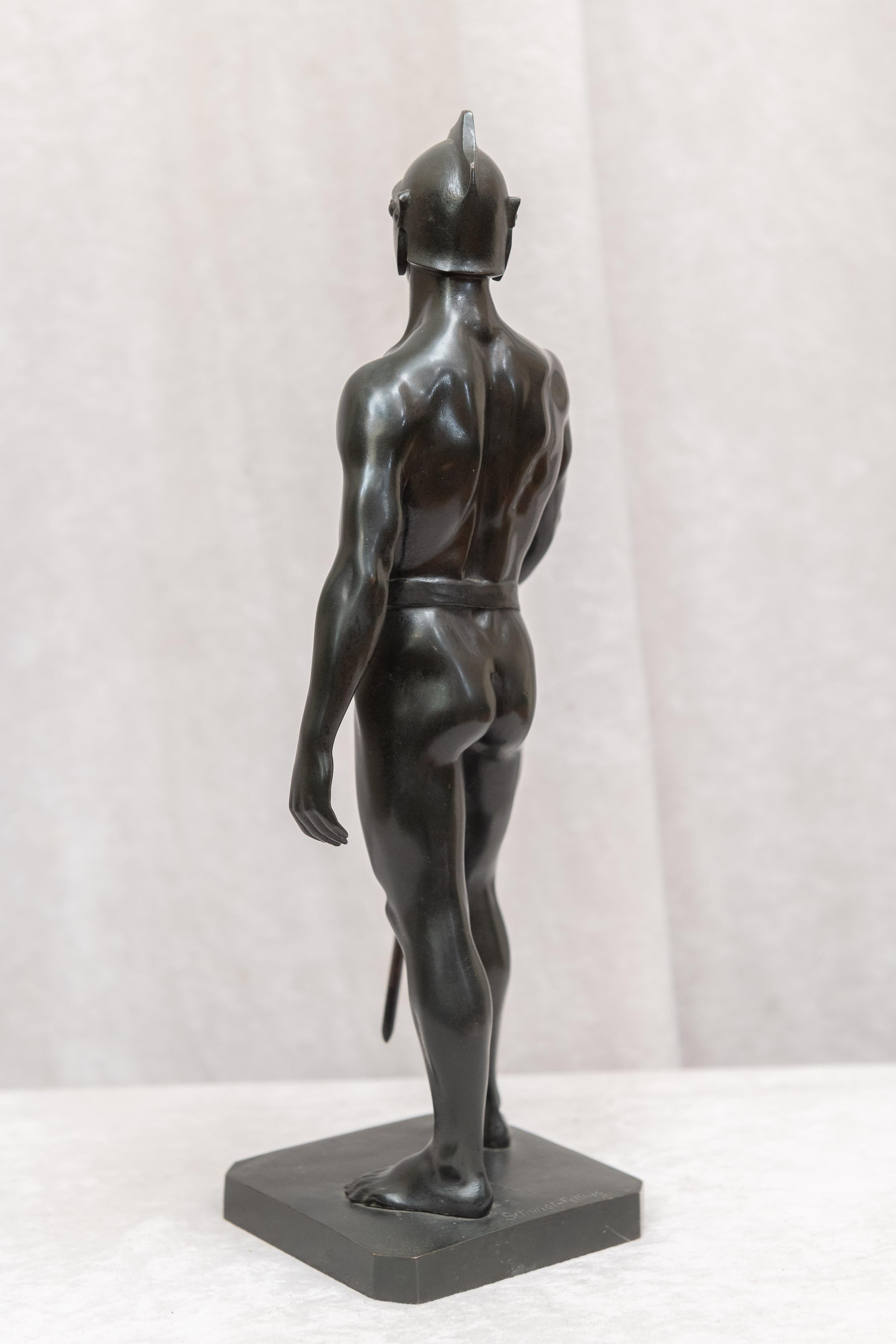 Patinated Bronze Male Figure of Handsome Young Warrior, Artist Signed, German, circa 1890 For Sale