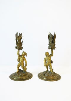 Bronze Male Sculptures Figurative Candlestick Holders, Pair, 19th Century