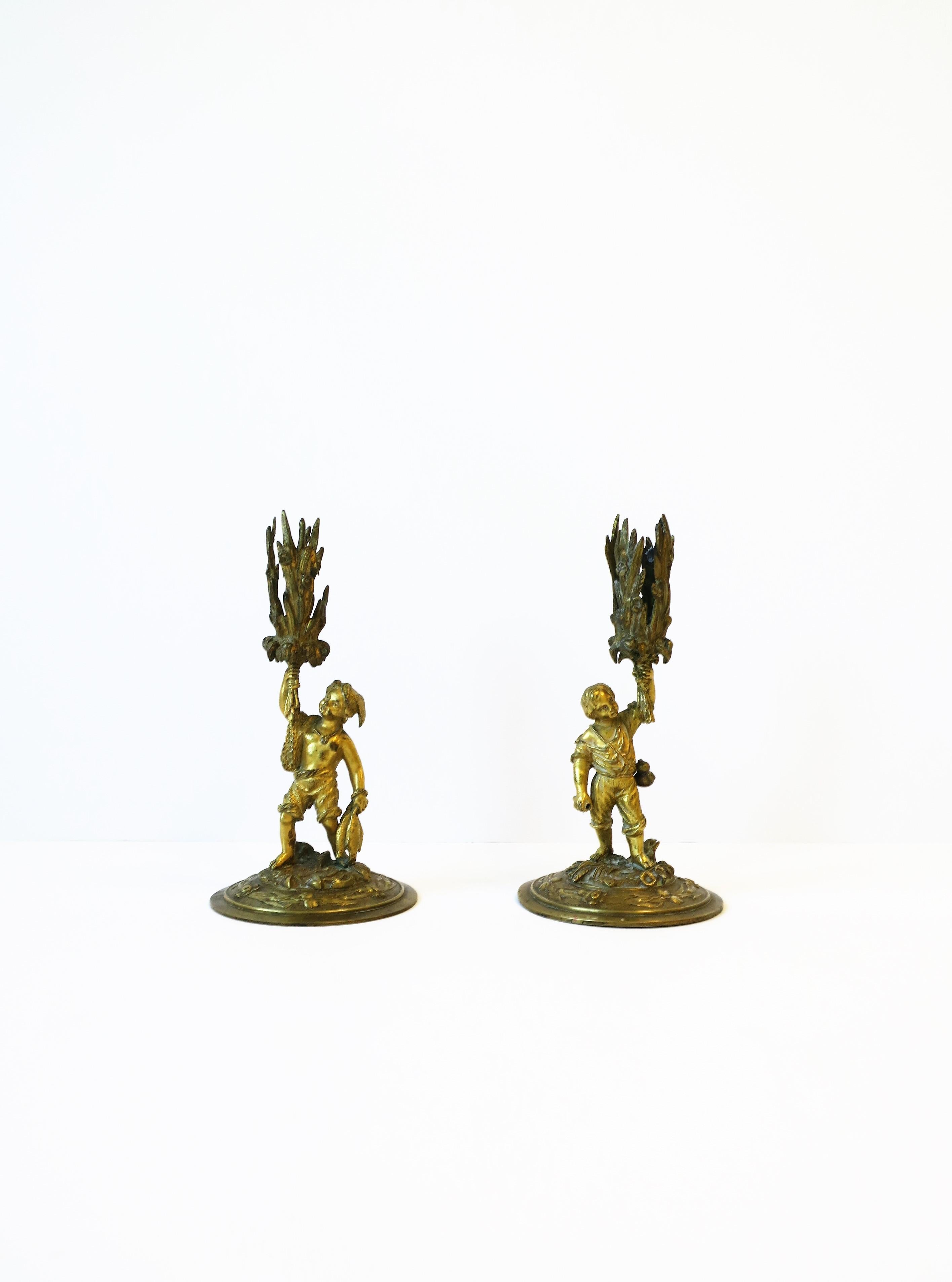 Neoclassical Bronze Male Sculptures Figurative Candlestick Holders, Pair, 19th Century
