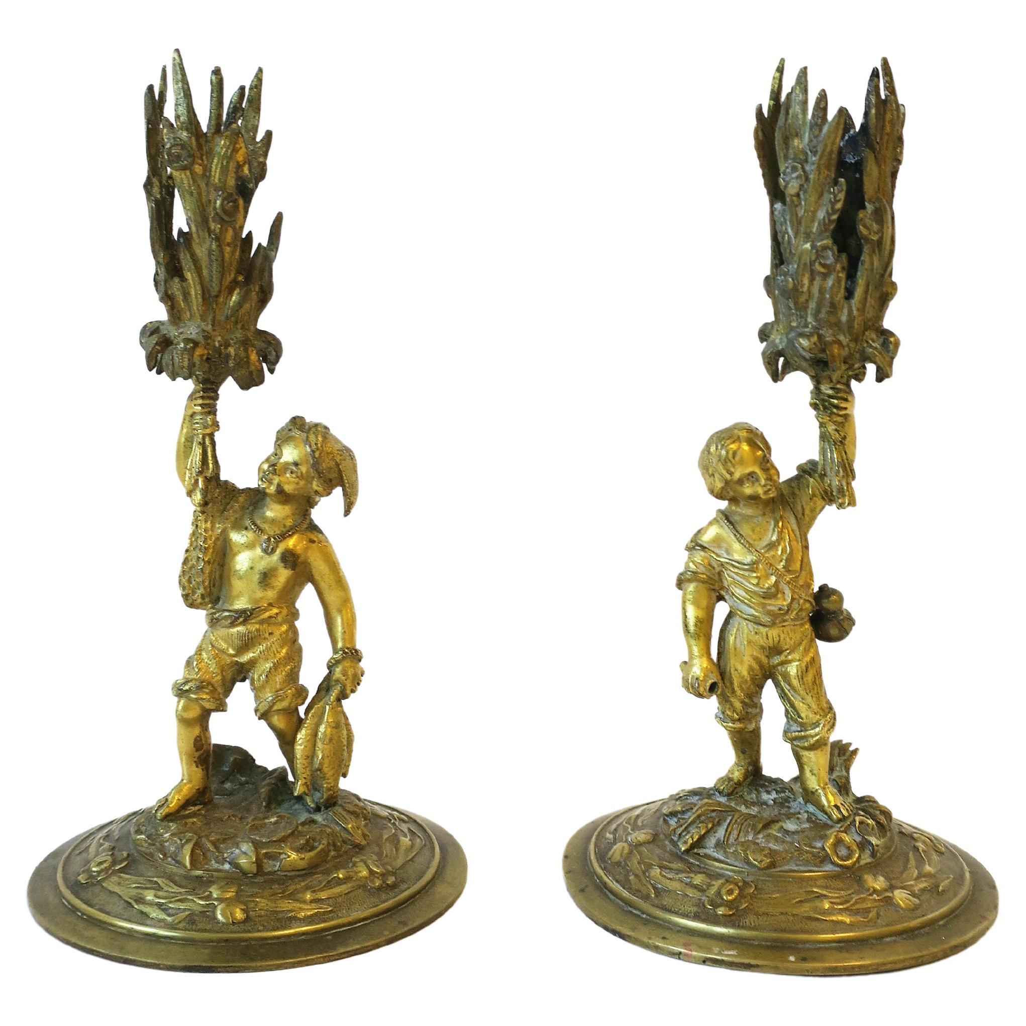 Bronze Male Sculptures Figurative Candlestick Holders, Pair, 19th Century
