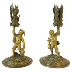Bronze Male Sculptures Figurative Candlestick Holders, Pair, 19th Century