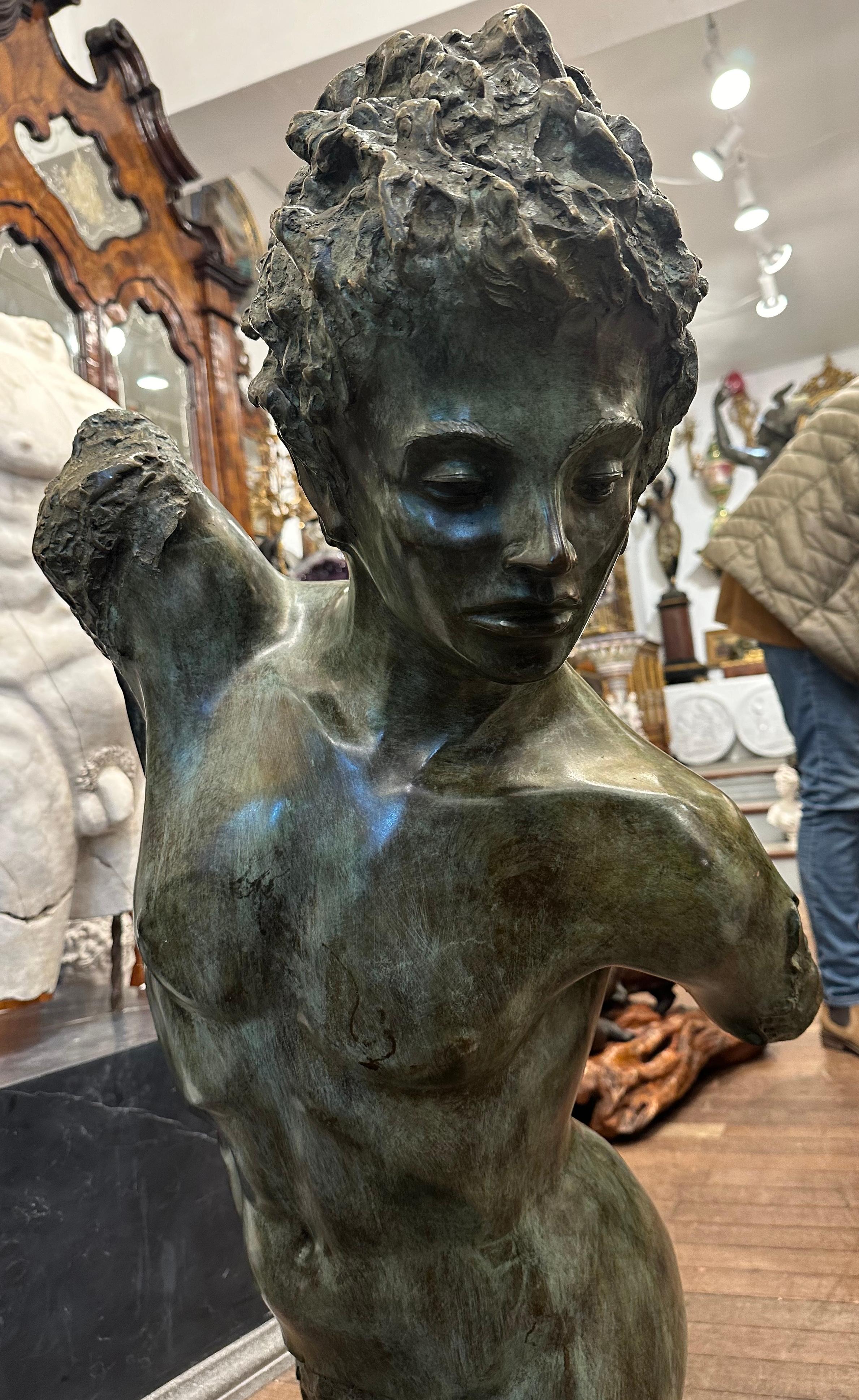 Mid-Century Modern Bronze Male Torso On Black Marble Base For Sale