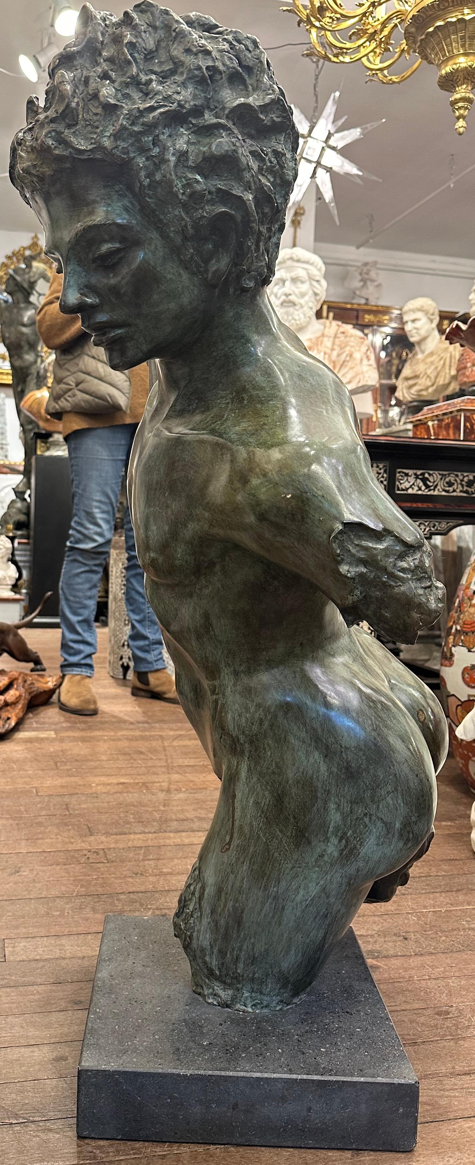 European Bronze Male Torso On Black Marble Base For Sale