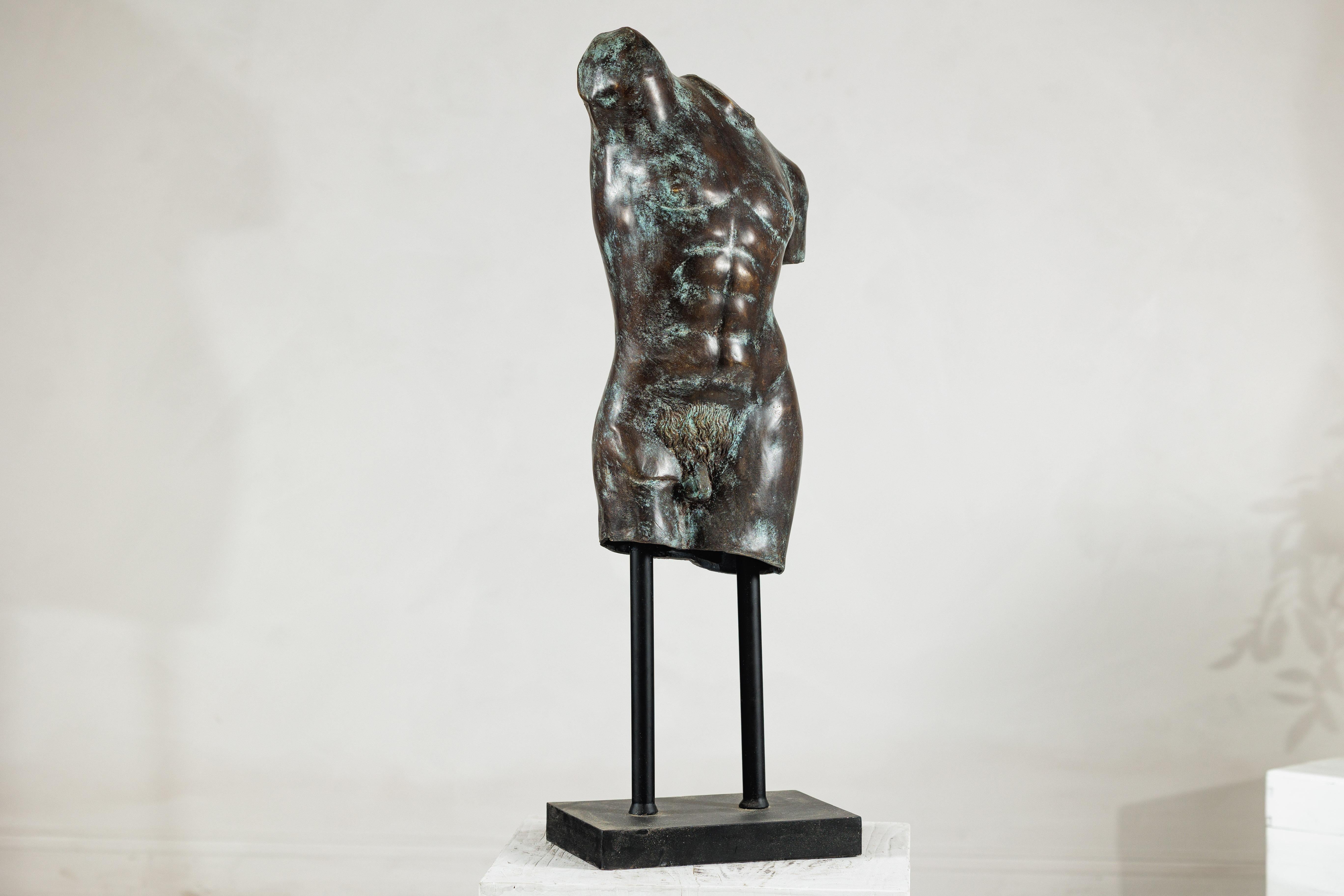 Bronze Male Torso Sculpture with Verdigris Patina Mounted on Black Stand For Sale 5